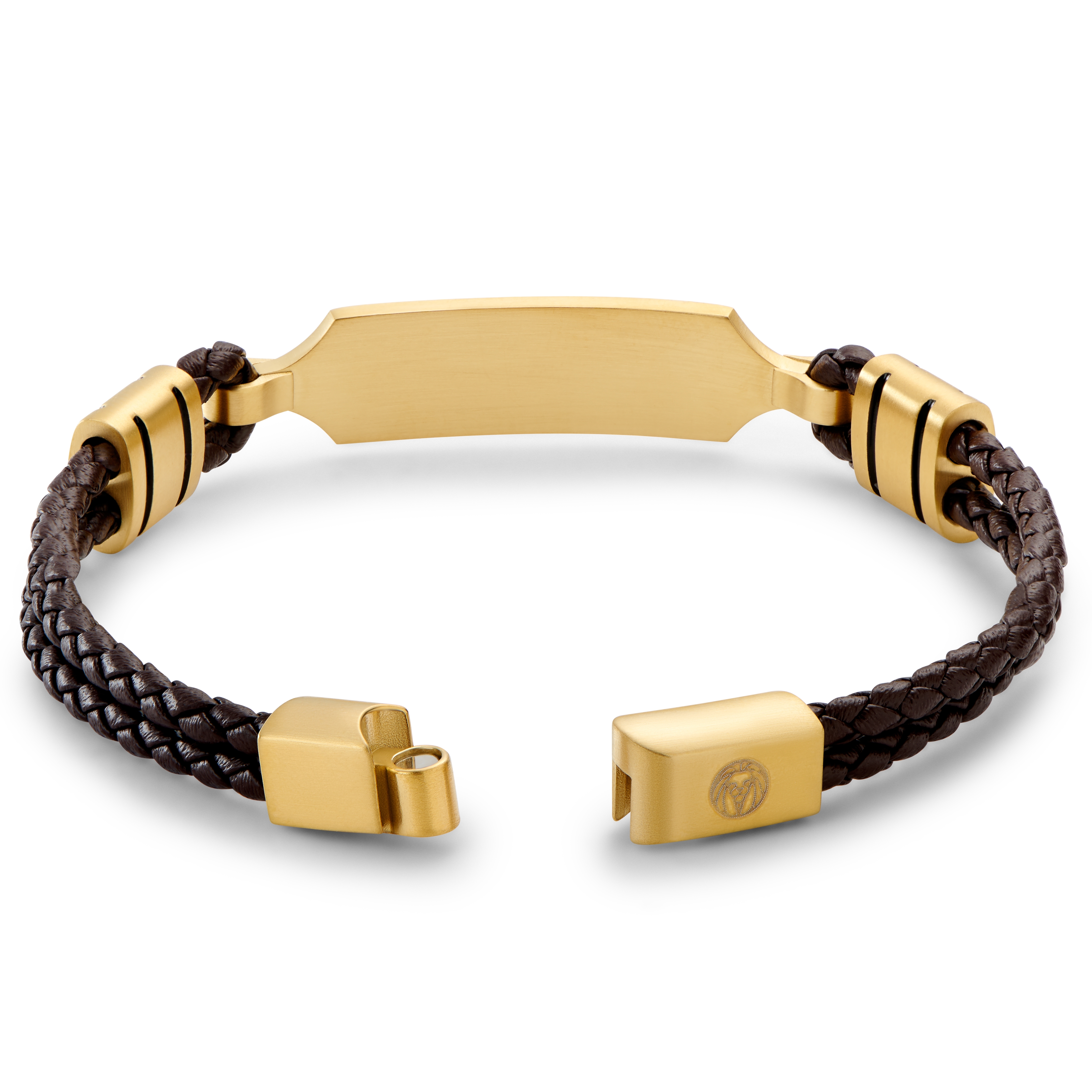 Nomen | Καφέ Δερμάτινο Βραχιόλι με Μεγάλη Χρυσαφί Ατσάλινη ID Πλακέτα - 5