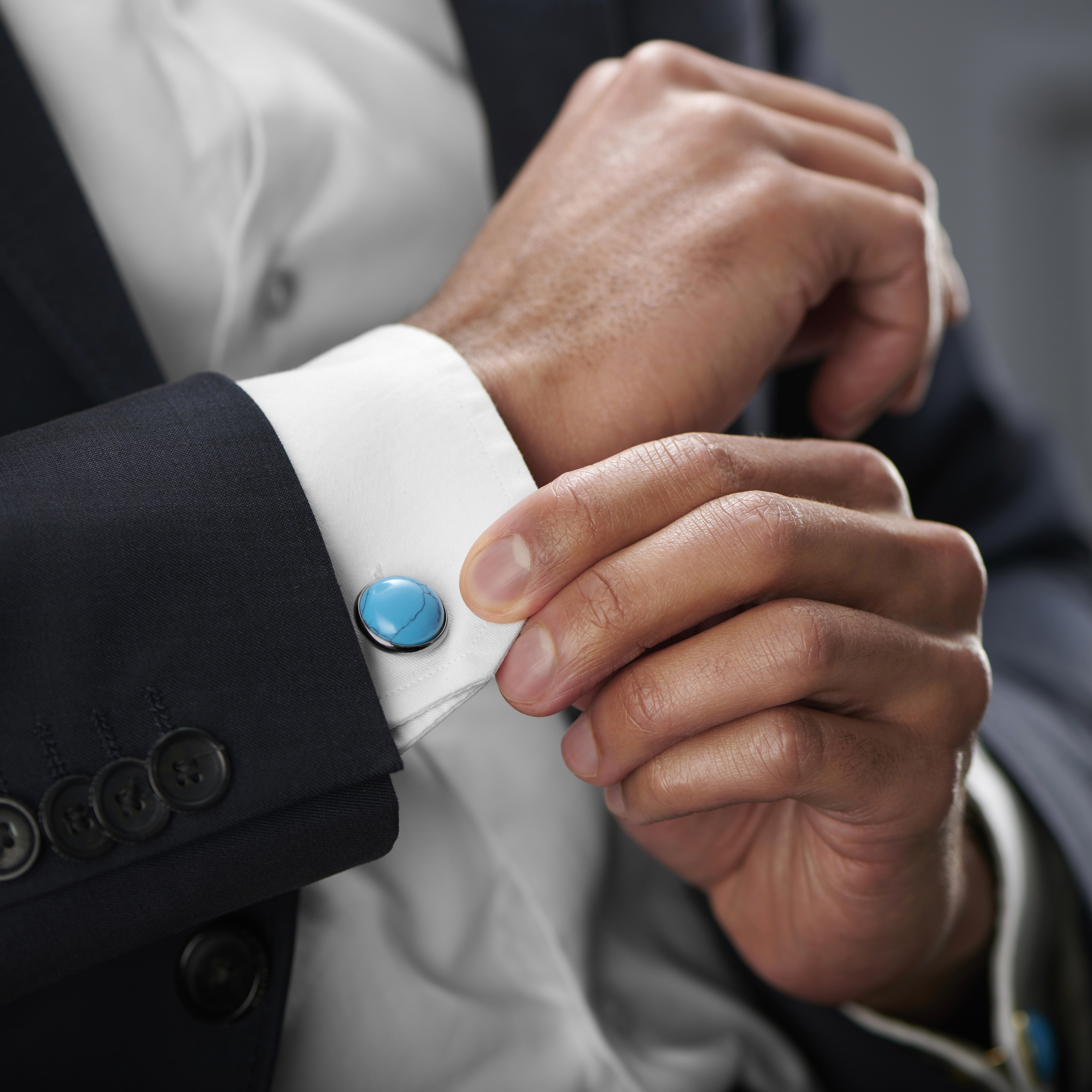 Round Gunmetal & Turquoise Gemstone Cufflinks - 3