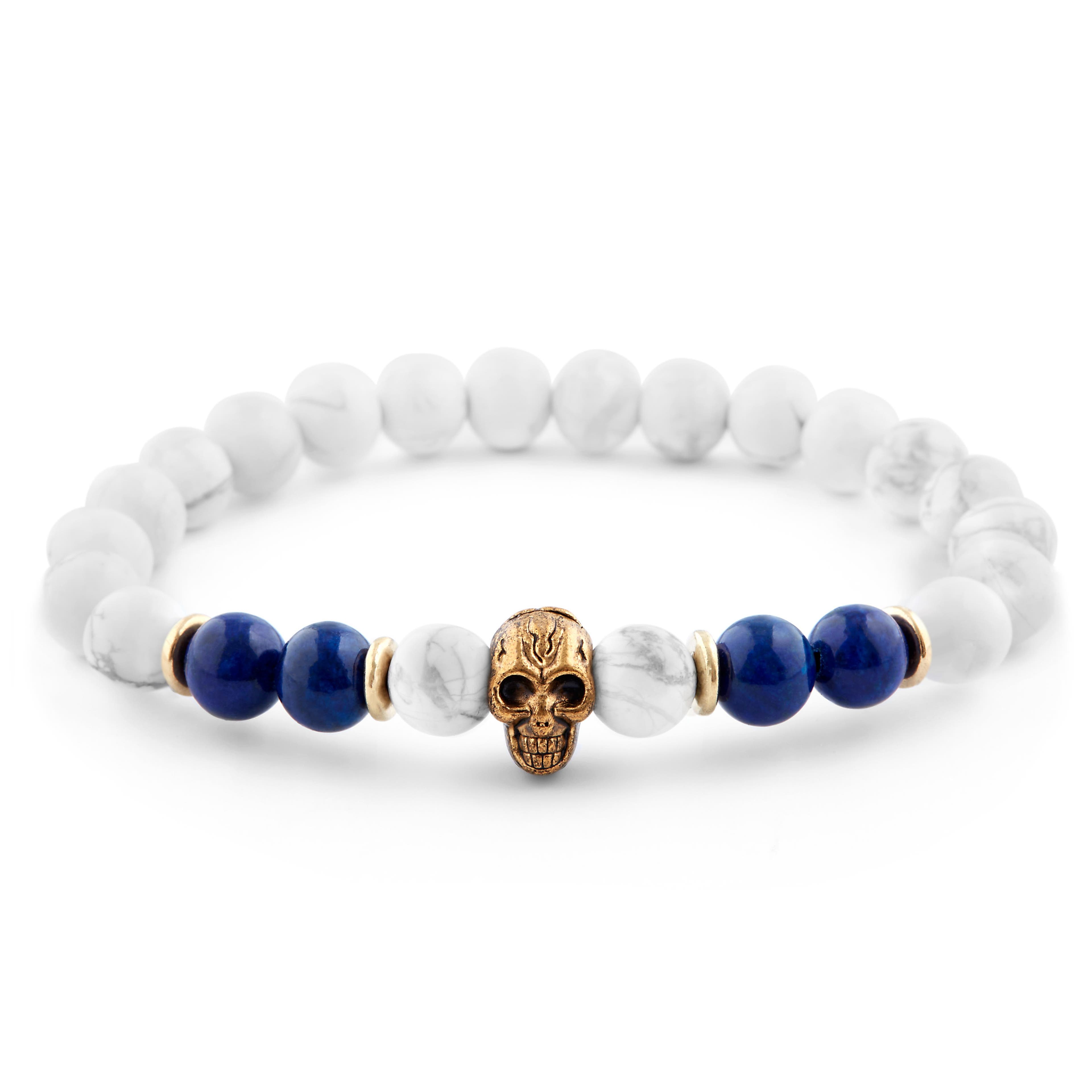 8 mm White Turquoise and Lapis Lazuli Skull Bracelet