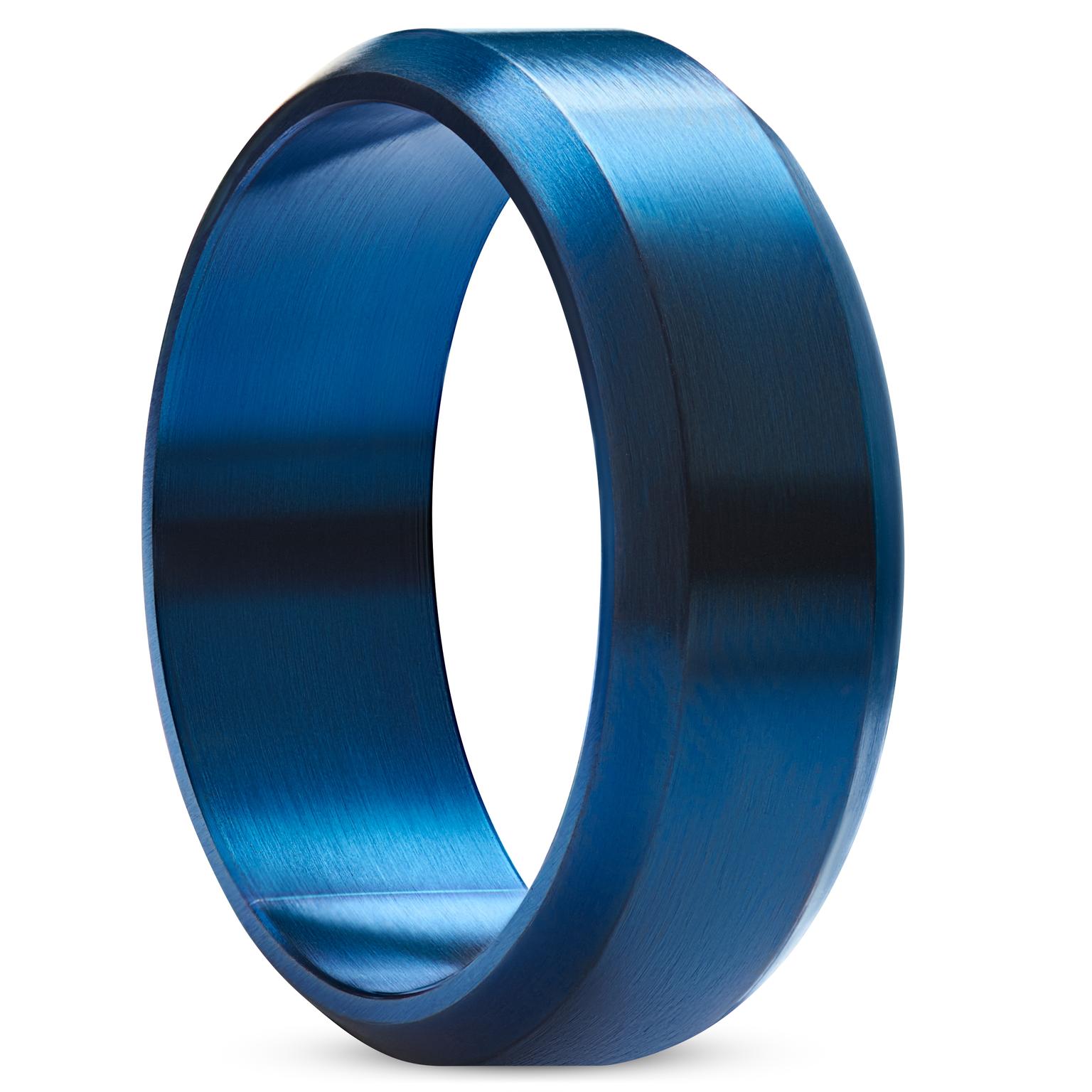 Ferrum | 8 mm niebieski szczotkowany pierścionek ze stali nierdzewnej z fazowanymi krawędziami Ferrum | 8 mm niebieski szczotkowany pierścionek ze stali nierdzewnej z fazowanymi krawędziami