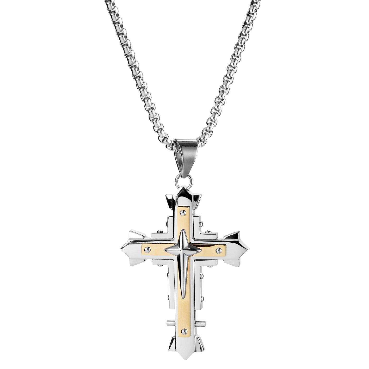 Silver- & Gold-Tone Stainless Steel Riveted Cross Box Chain Necklace Silver- & Gold-Tone Stainless Steel Riveted Cross Box Chain Necklace