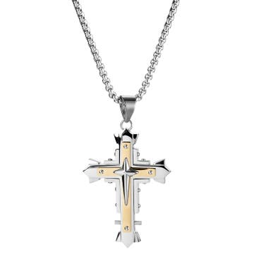 Silver- & Gold-Tone Stainless Steel Riveted Cross Box Chain Necklace