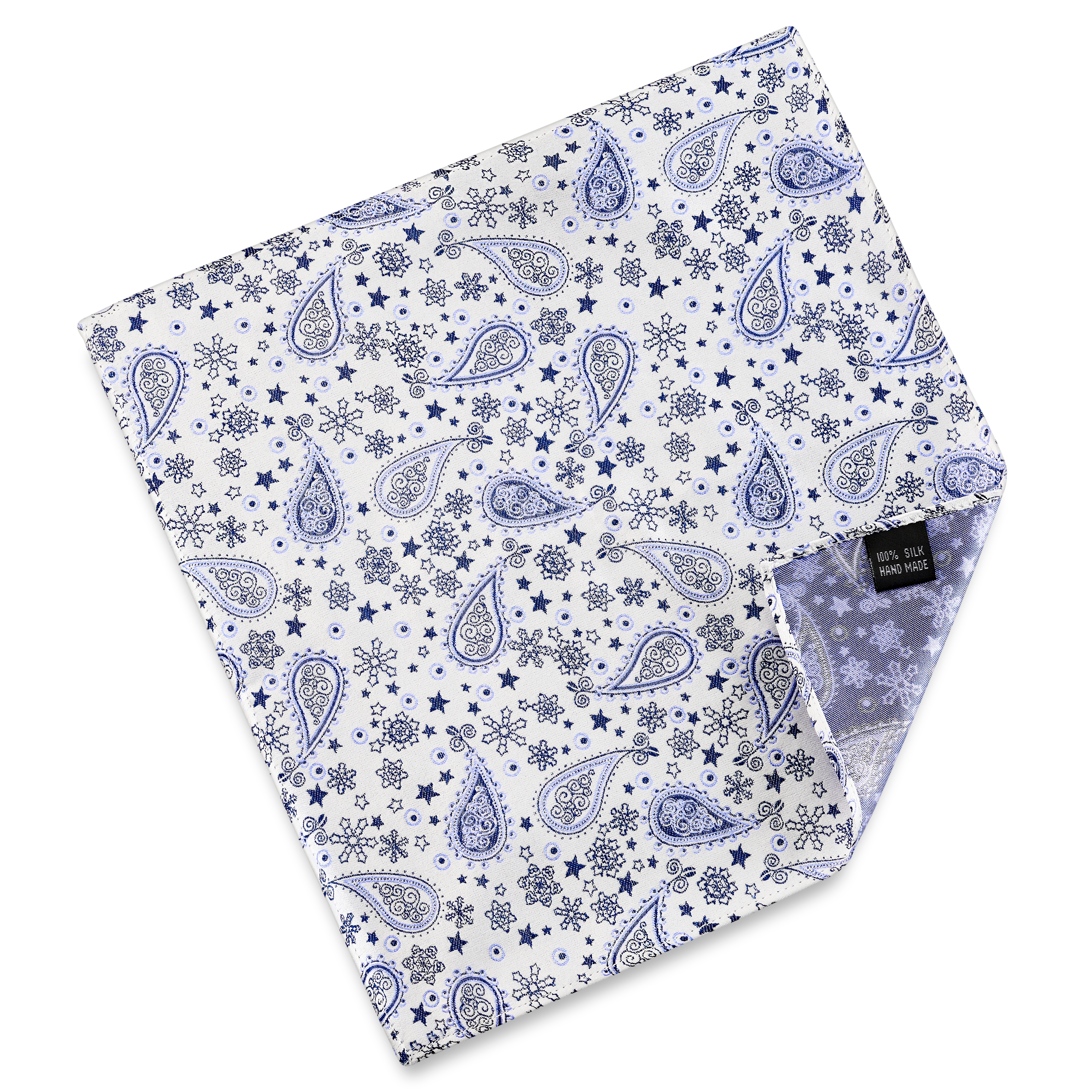 Копринена джобна кърпичка с бели и сини пейсли мотиви - 2