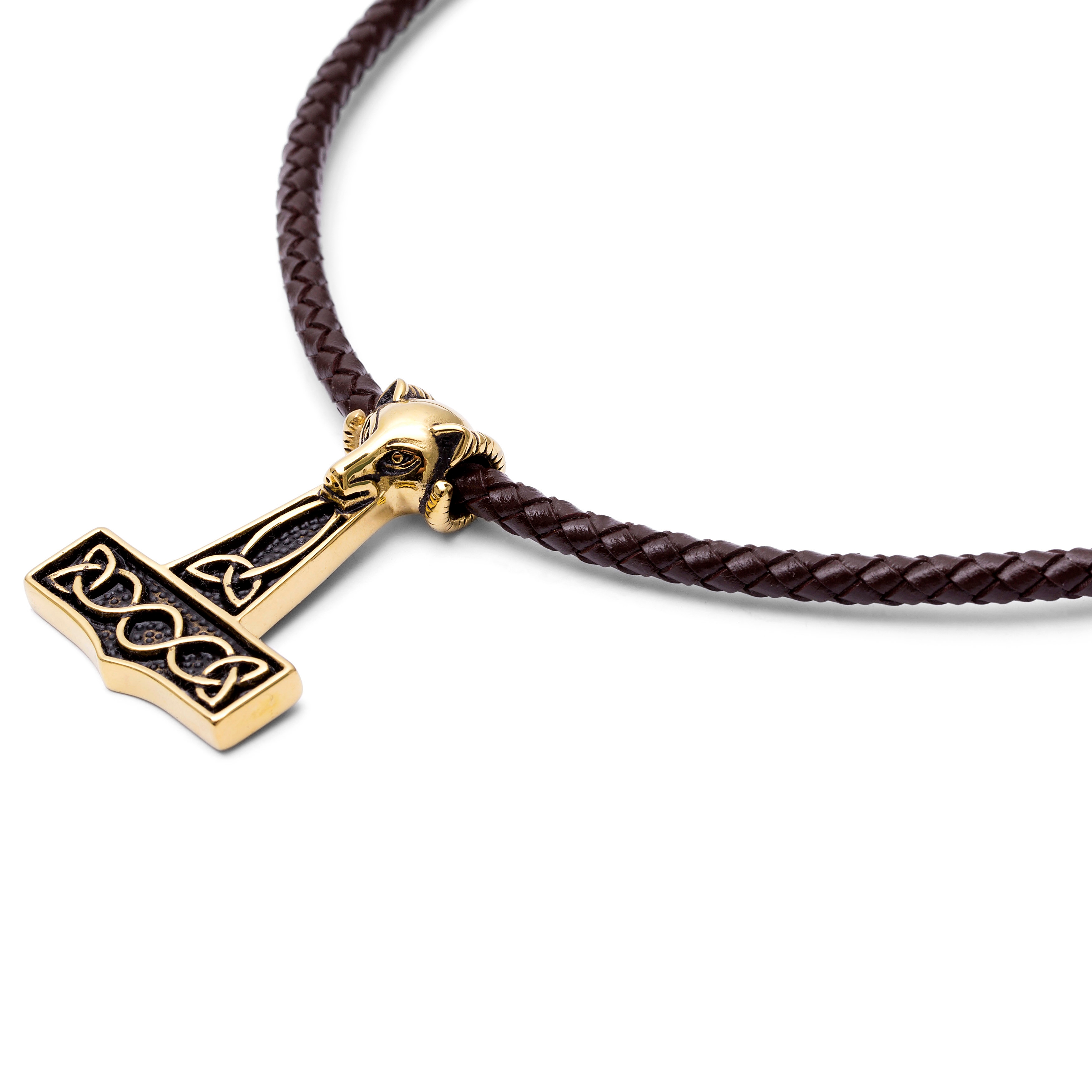 Brown Leather With Gold-Tone Wolf & Thor's Hammer Necklace - 4