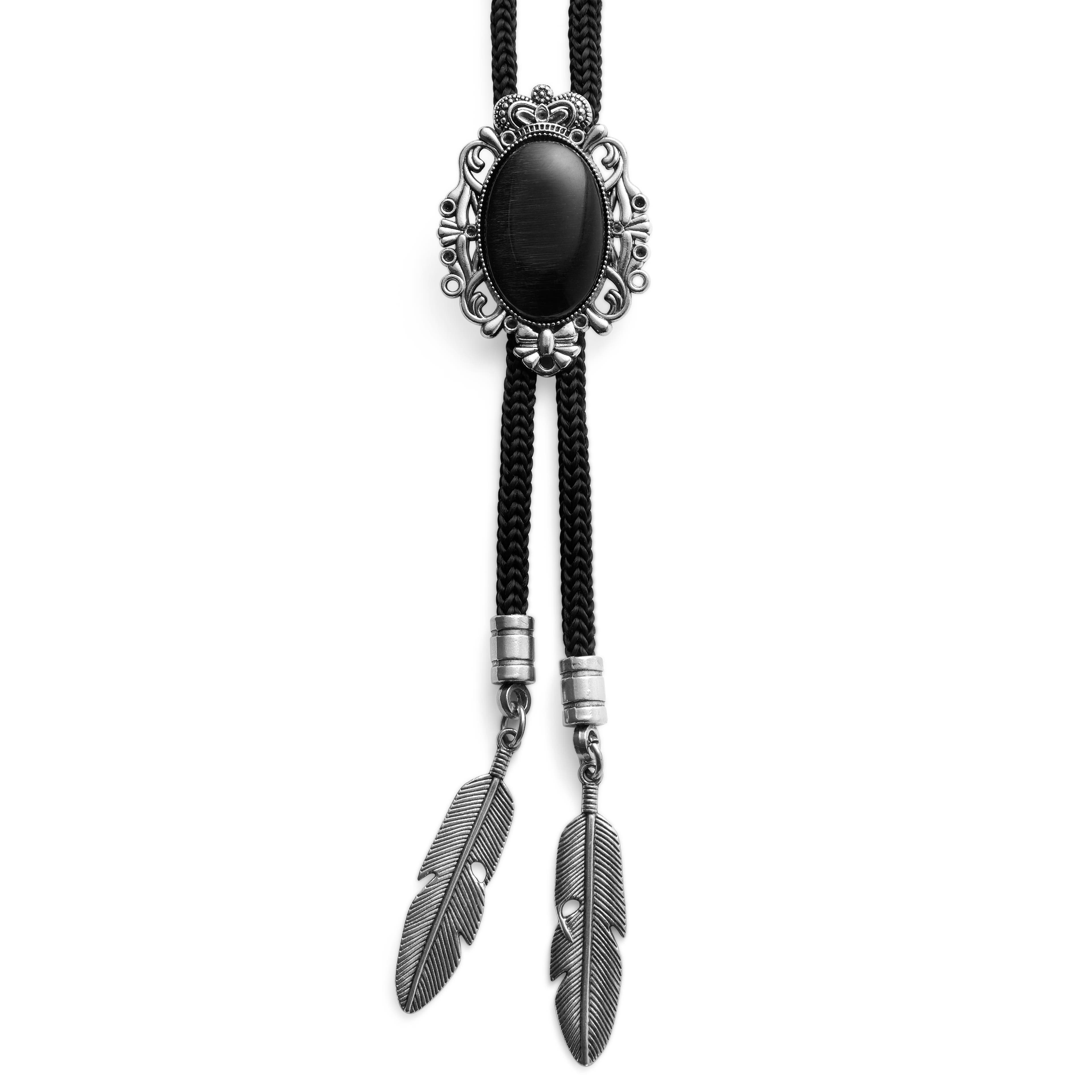 Black Stone & Metal Feathers Adjustable Bolo Tie