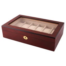 Zamykane pudełko na zegarki z drewna wiśniowego i detalami w złotym kolorze - 12 zegarków