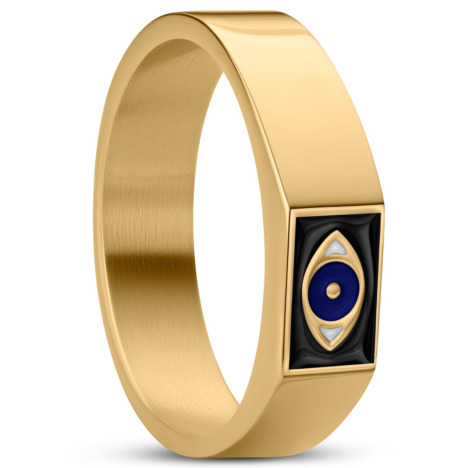 Evil Eye | Χρυσαφί Ατσάλινο Ορθογώνιο Signet Δαχτυλίδι με Σκούρο Μπλε Ματάκι Evil Eye | Χρυσαφί Ατσάλινο Ορθογώνιο Signet Δαχτυλίδι με Σκούρο Μπλε Ματάκι