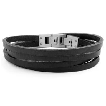 Black Leather & Stainless Steel Double Wrap Bracelet