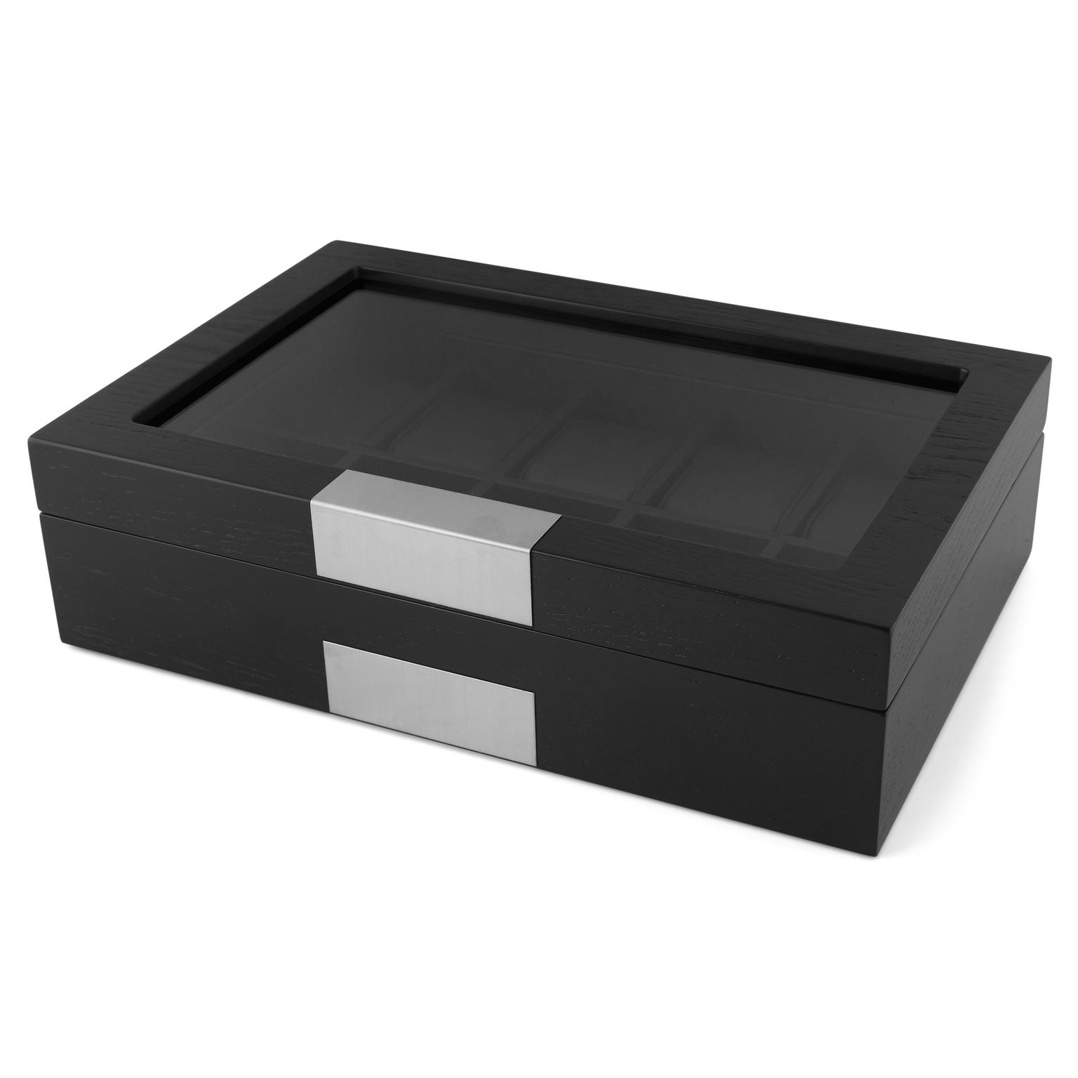 Caja para relojes de madera negra pulida con adornos plateados - 10 relojes Caja para relojes de madera negra pulida con adornos plateados - 10 relojes