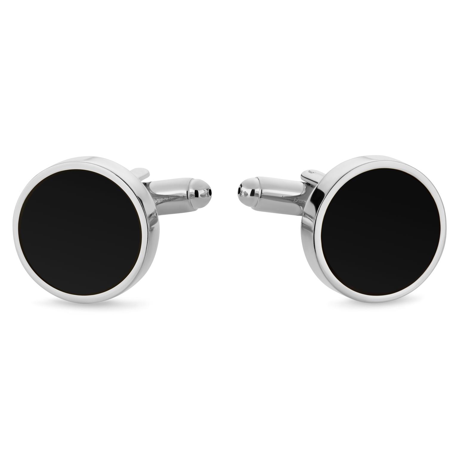 Round Silver-Tone Cufflinks with Onyx Inlay Round Silver-Tone Cufflinks with Onyx Inlay