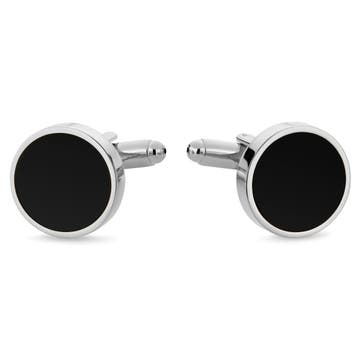 Round Silver-Tone Cufflinks with Onyx Inlay Round Silver-Tone Cufflinks with Onyx Inlay