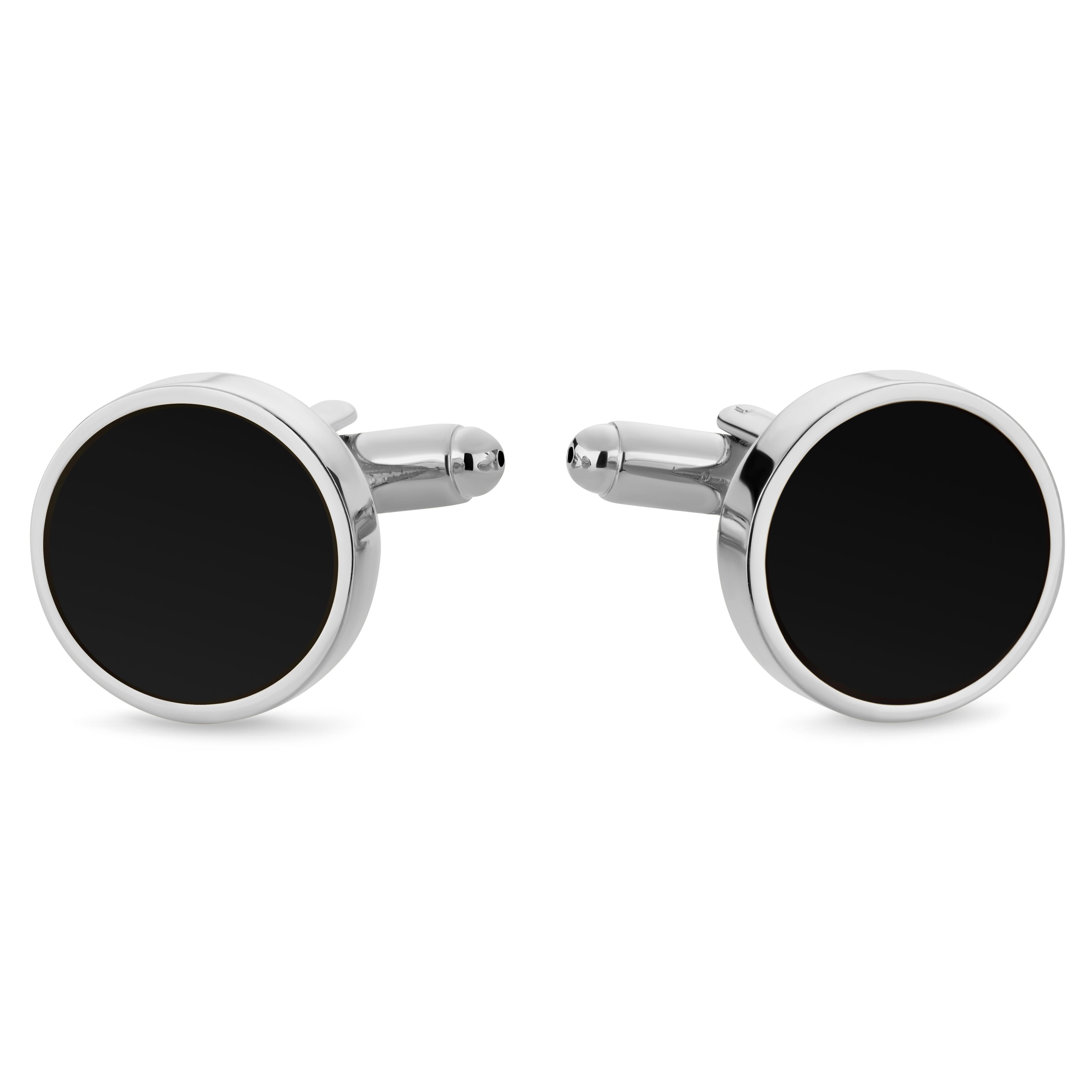 Boutons de manchette ronds argentés avec incrustation d'onyx Boutons de manchette ronds argentés avec incrustation d'onyx