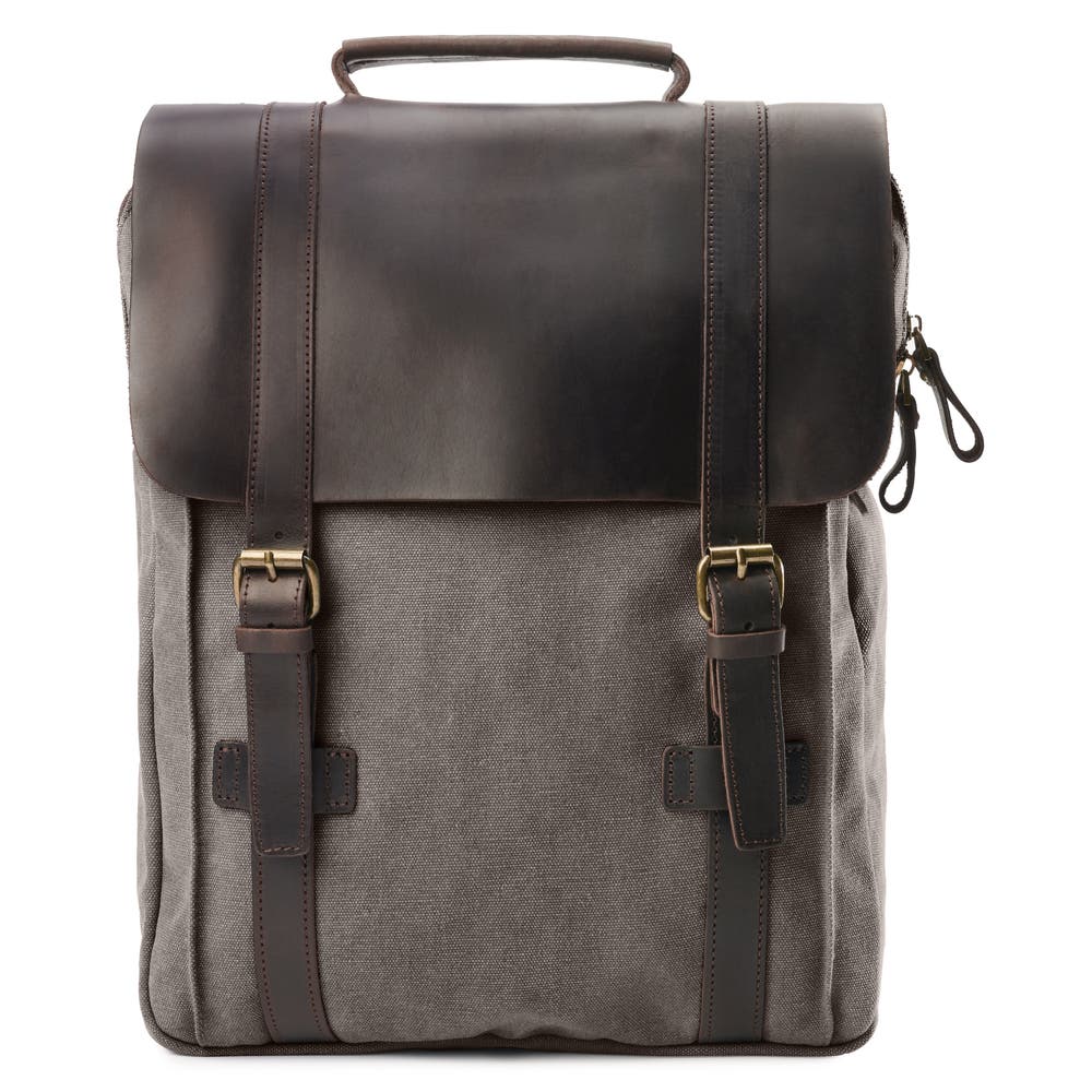 hover: Vintage-Style Charcoal Grey Canvas & Dark Leather Backpack hover: Vintage-Style Charcoal Grey Canvas & Dark Leather Backpack
