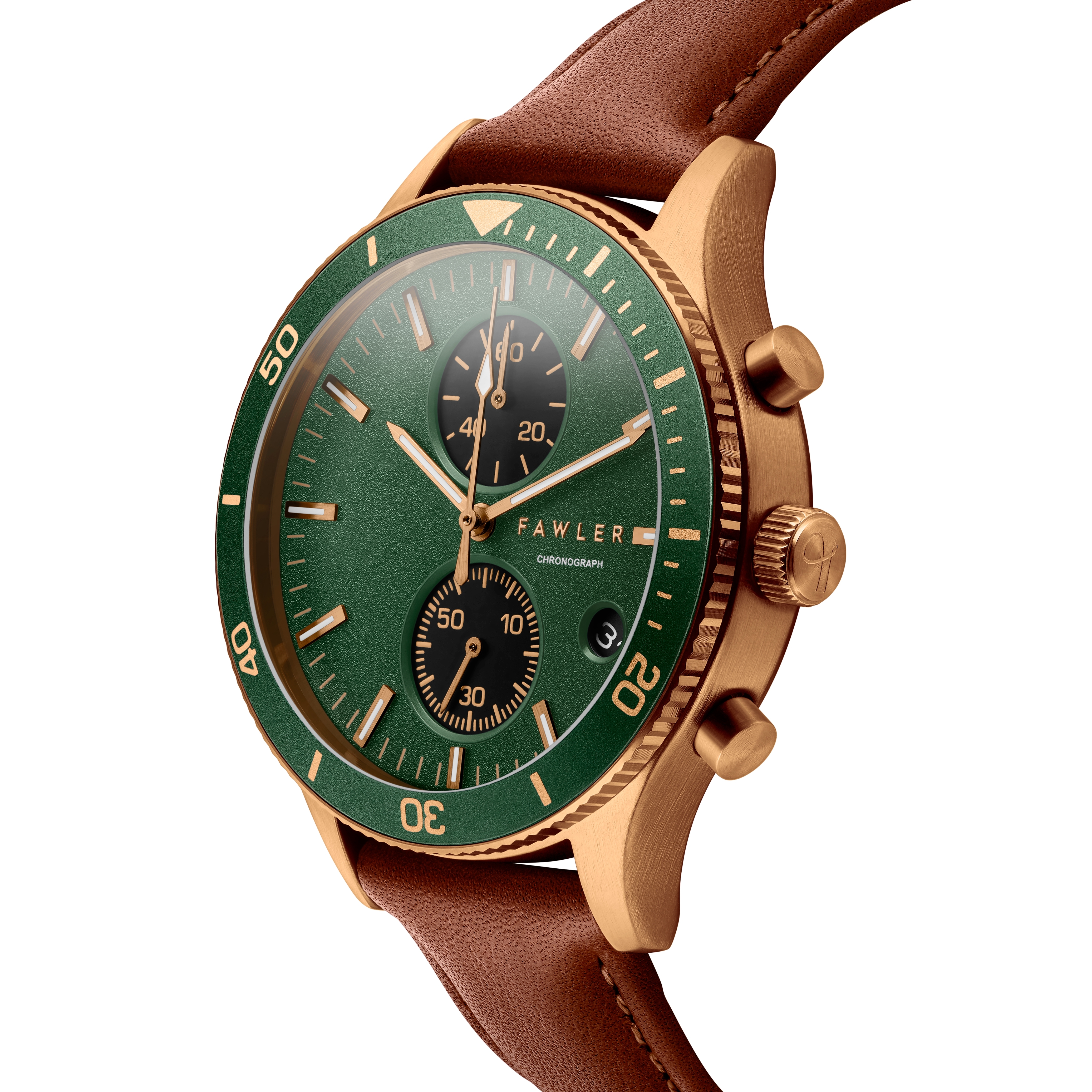 Aeris | Brown Brass Chronograph Watch with Green Dial - 3