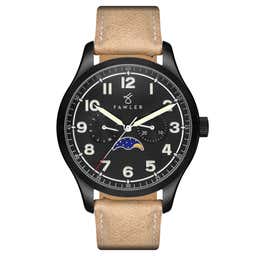 Orrin  | Black Moonphase Watch With Black Dial & Tan Leather Strap