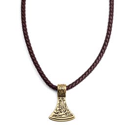 Brown Leather With Gold-Tone Norse Axe Necklace