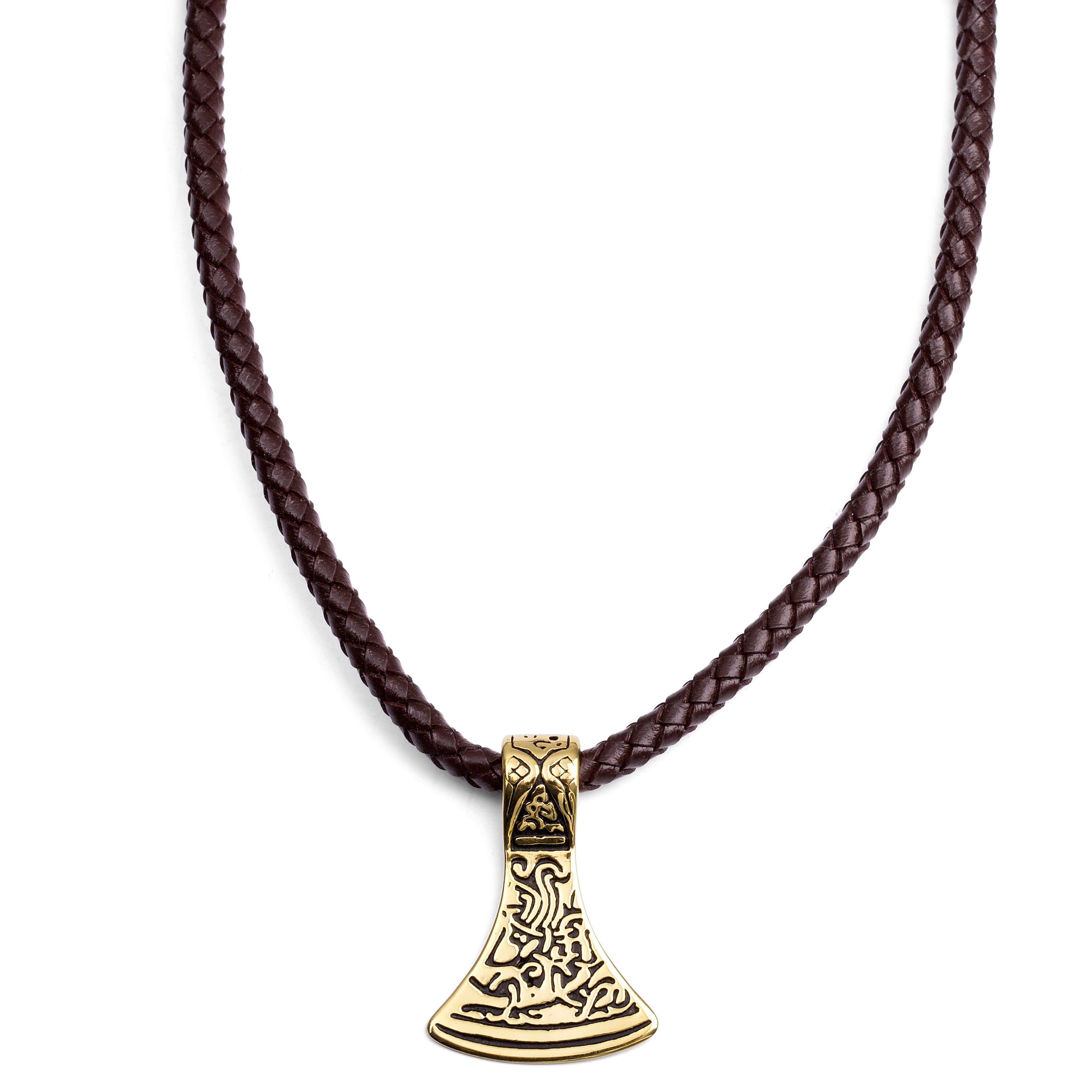 Hnedý kožený náhrdelník so severskou sekerou v zlatej farbe