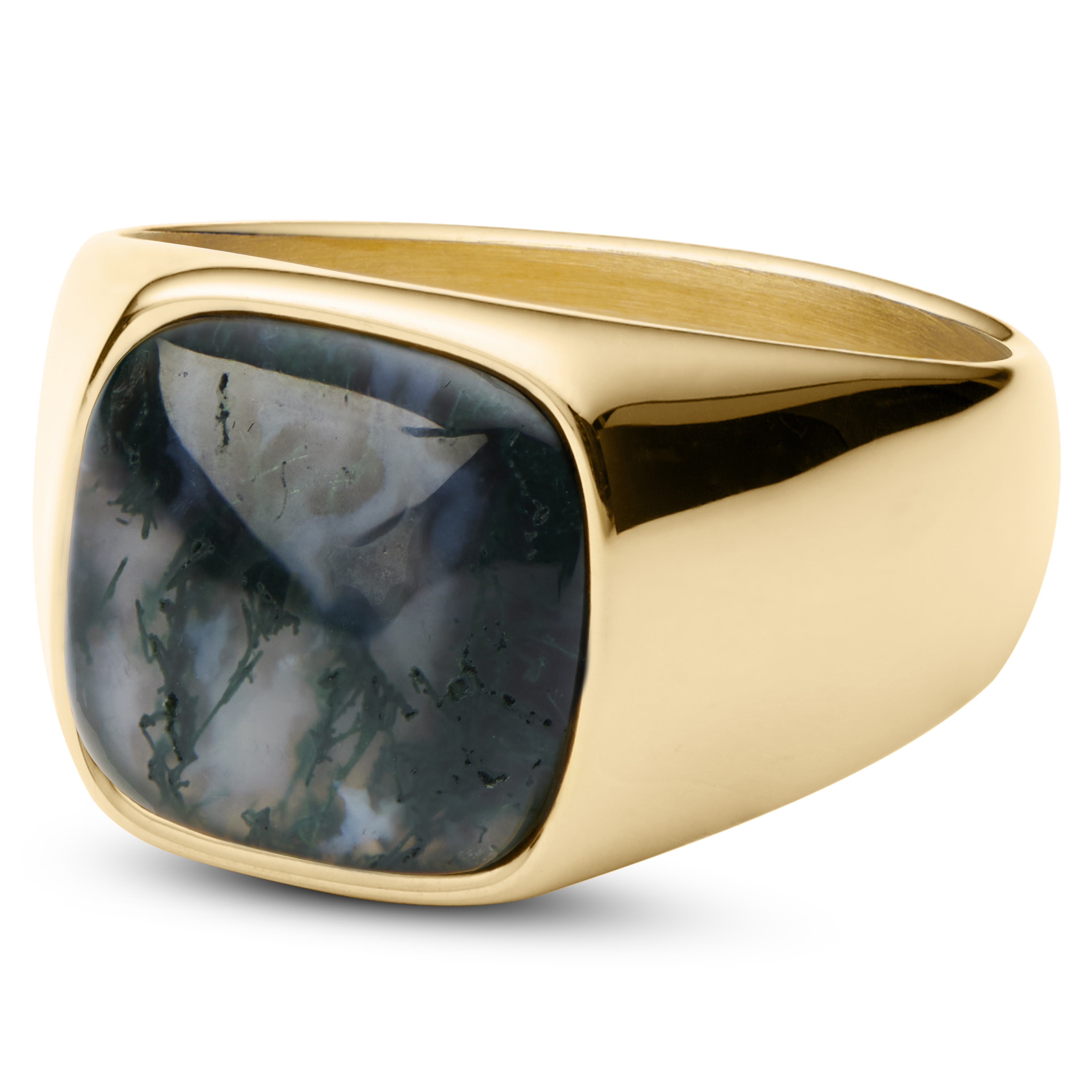 Aras | Златист стоманен пръстен печат за кутре с мъхов ахат