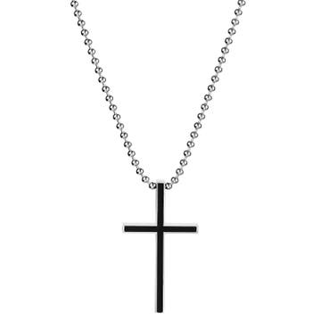 Silver-Tone Stainless Steel With Black Thin Cross Ball Chain Necklace