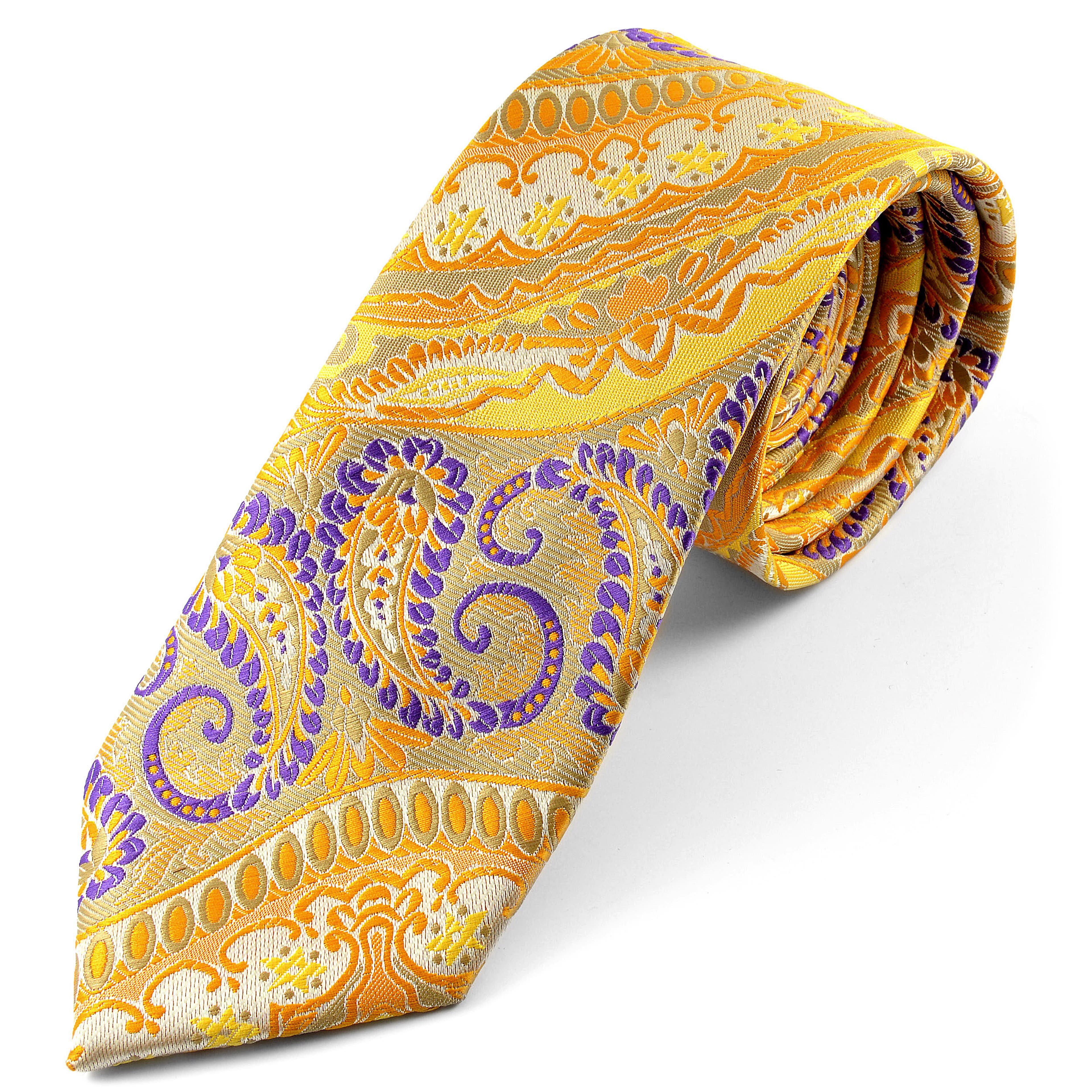 Yellow, Golden & Purple Patterned Silk Tie