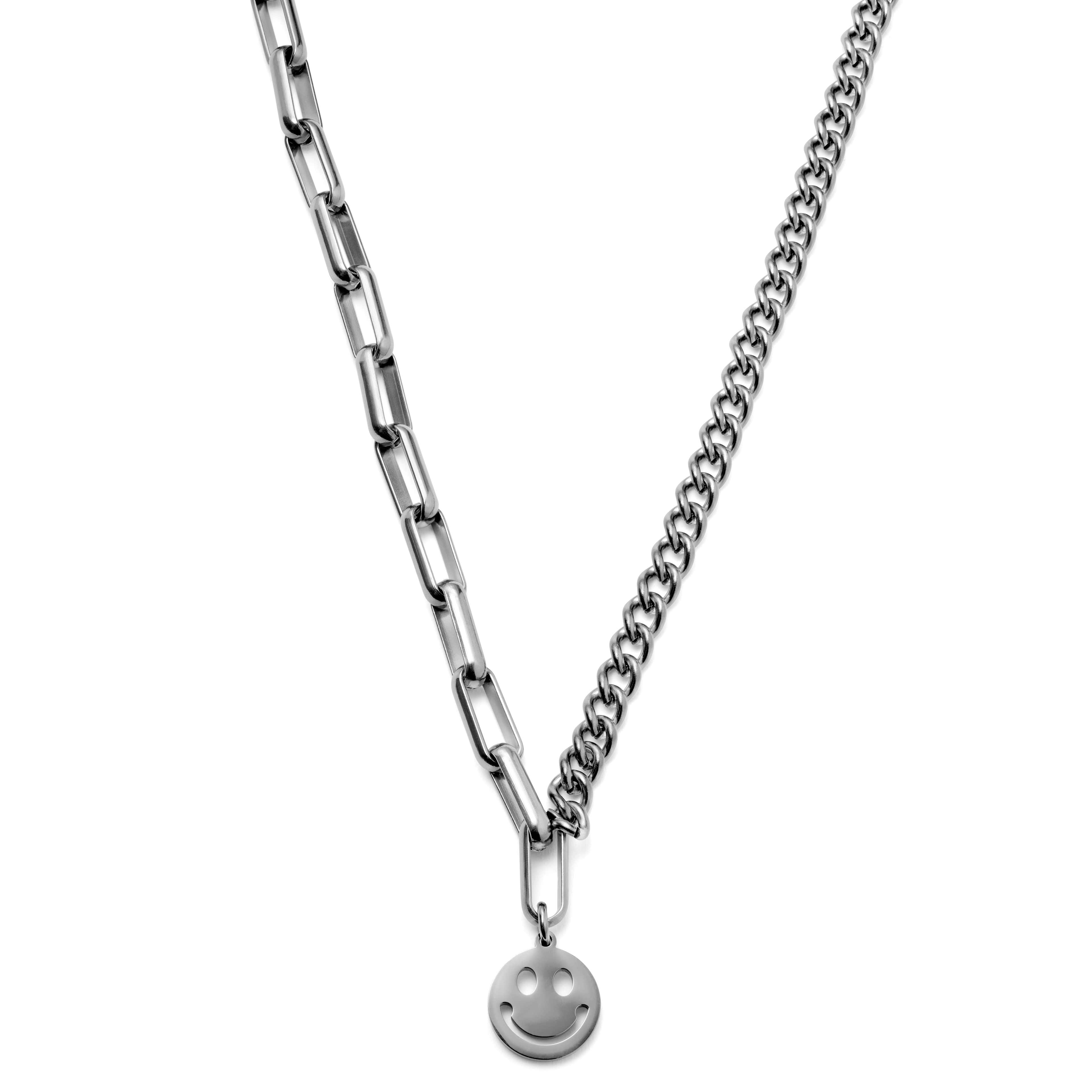 Caleb Amager Silver-Tone Curb & Cable Chain Necklace with Smiley Pendant