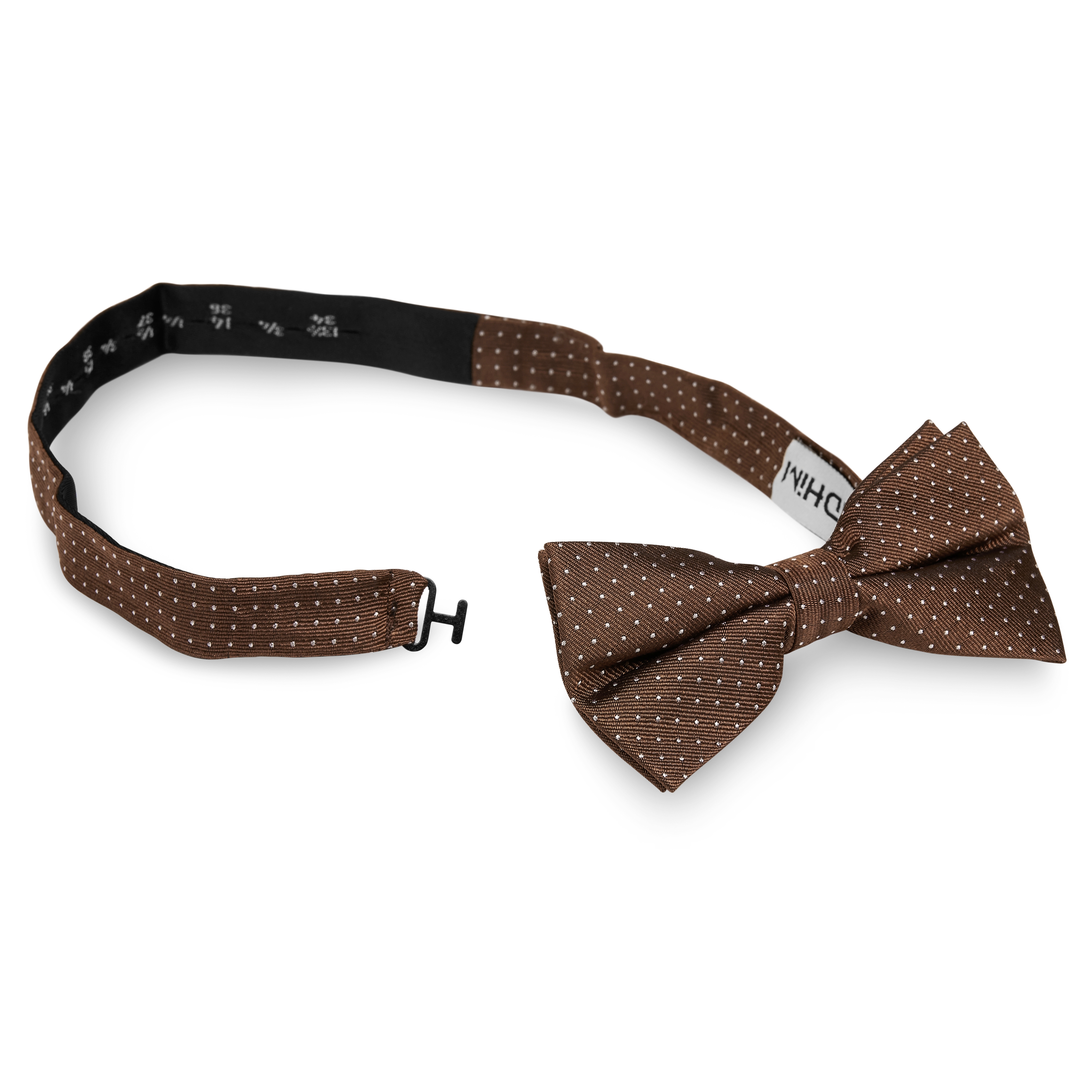 Noeud papillon prénoué en soie marron à pois blancs - 2