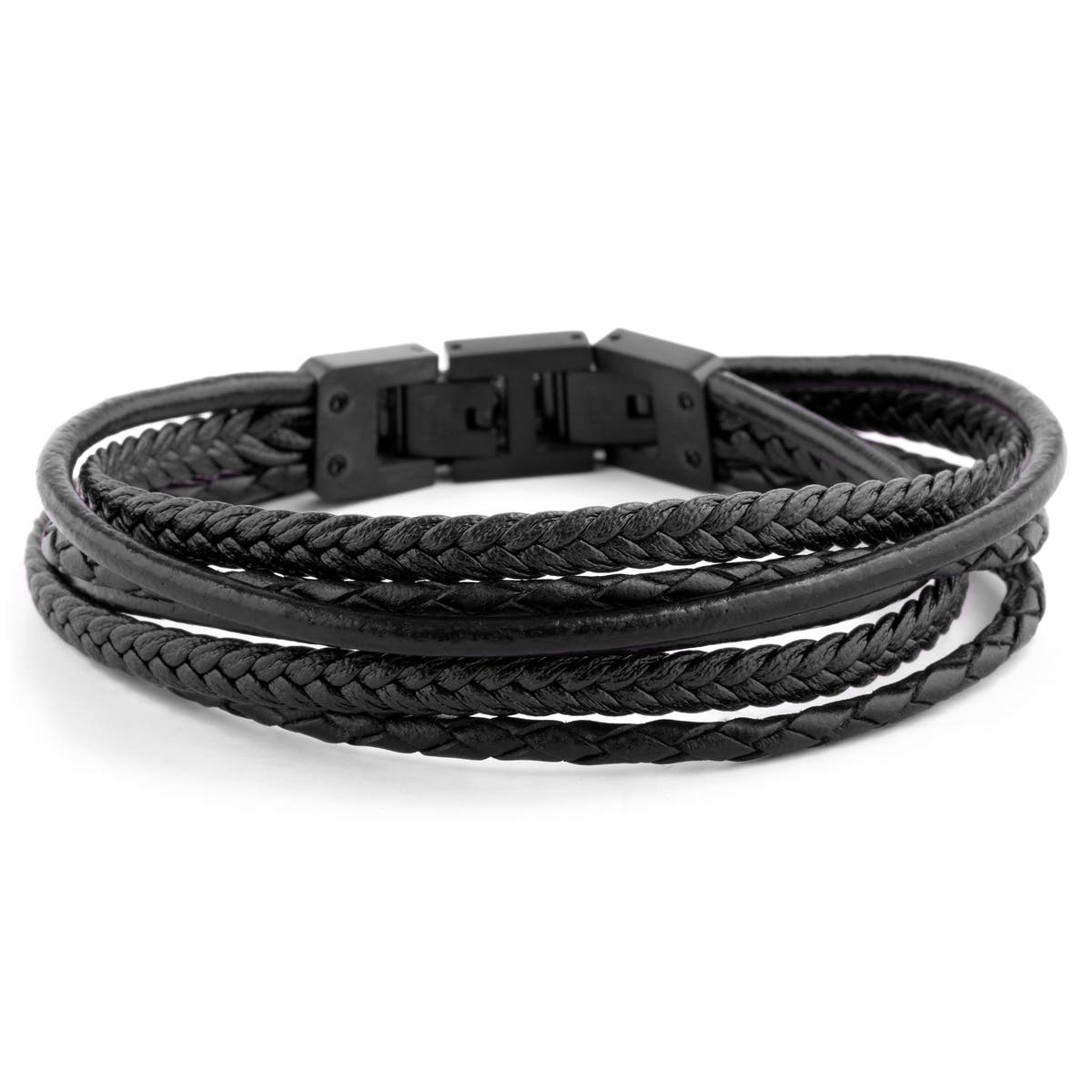 Roy, All Black Leather & Stainless Steel Wrap Bracelet