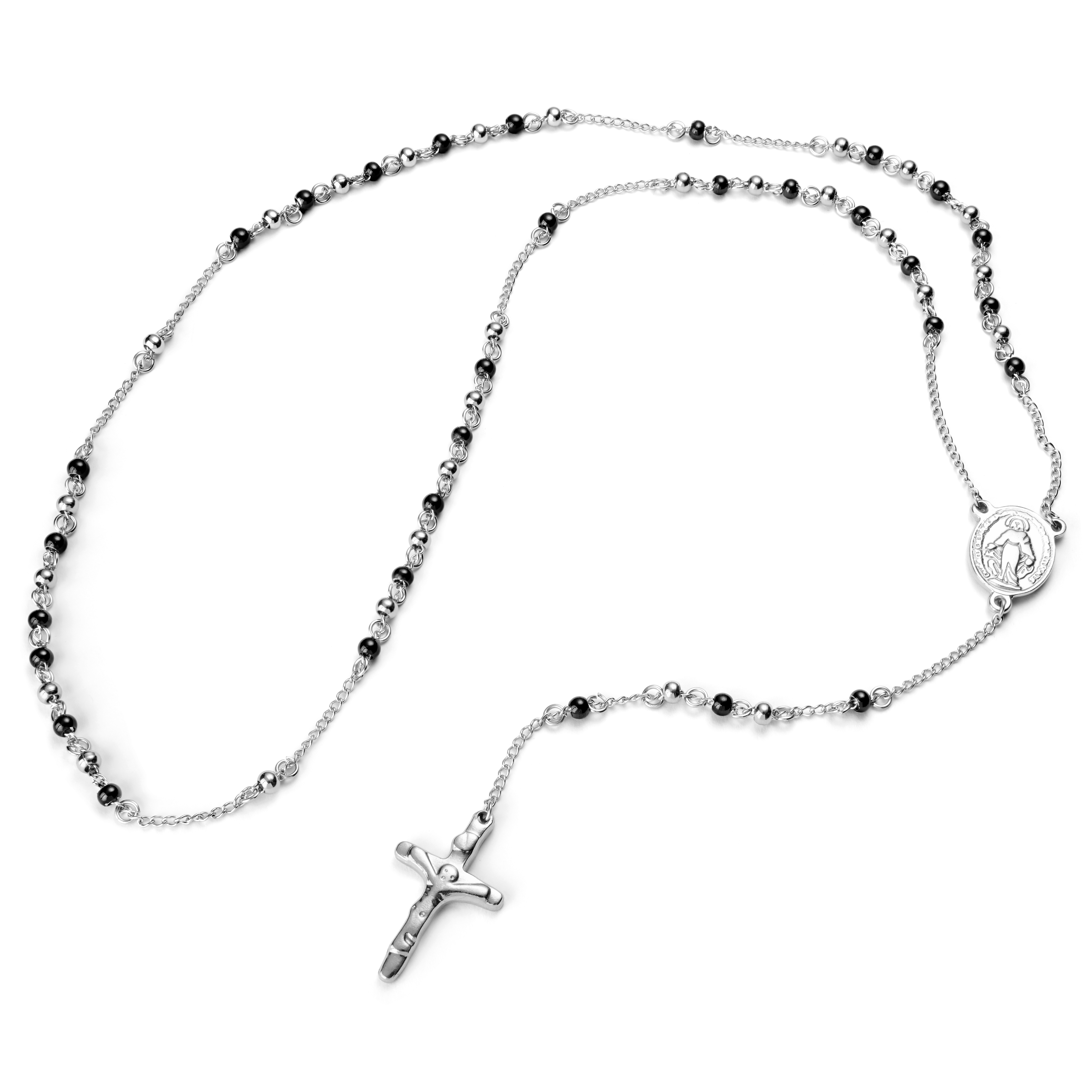 Black &amp; Silver-Tone Rosary Necklace - 1
