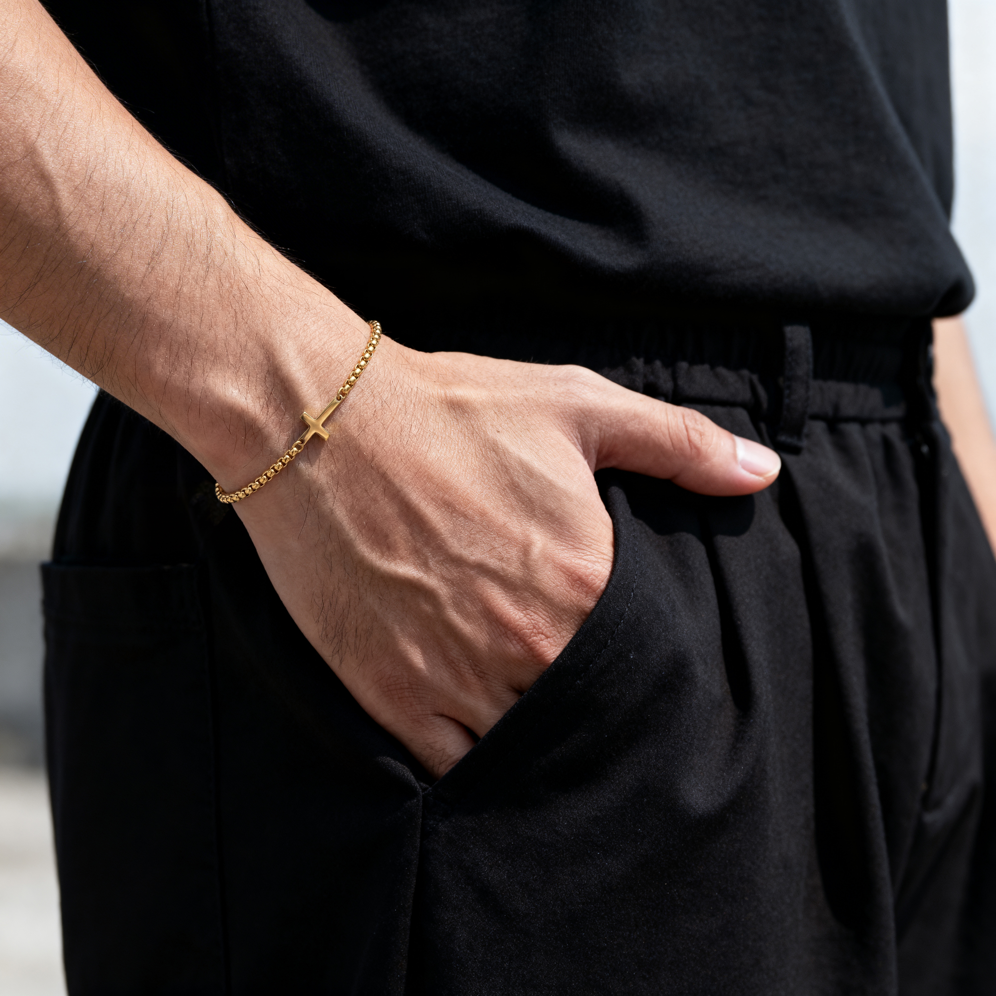 New Classics | 3mm Gold-Tone Stainless Steel Rounded Box Chain Cross Bracelet - 3