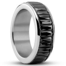 Enthumema | 1/3" (8 mm) Silver-tone Stainless Steel & Black Zirconia Fidget Ring