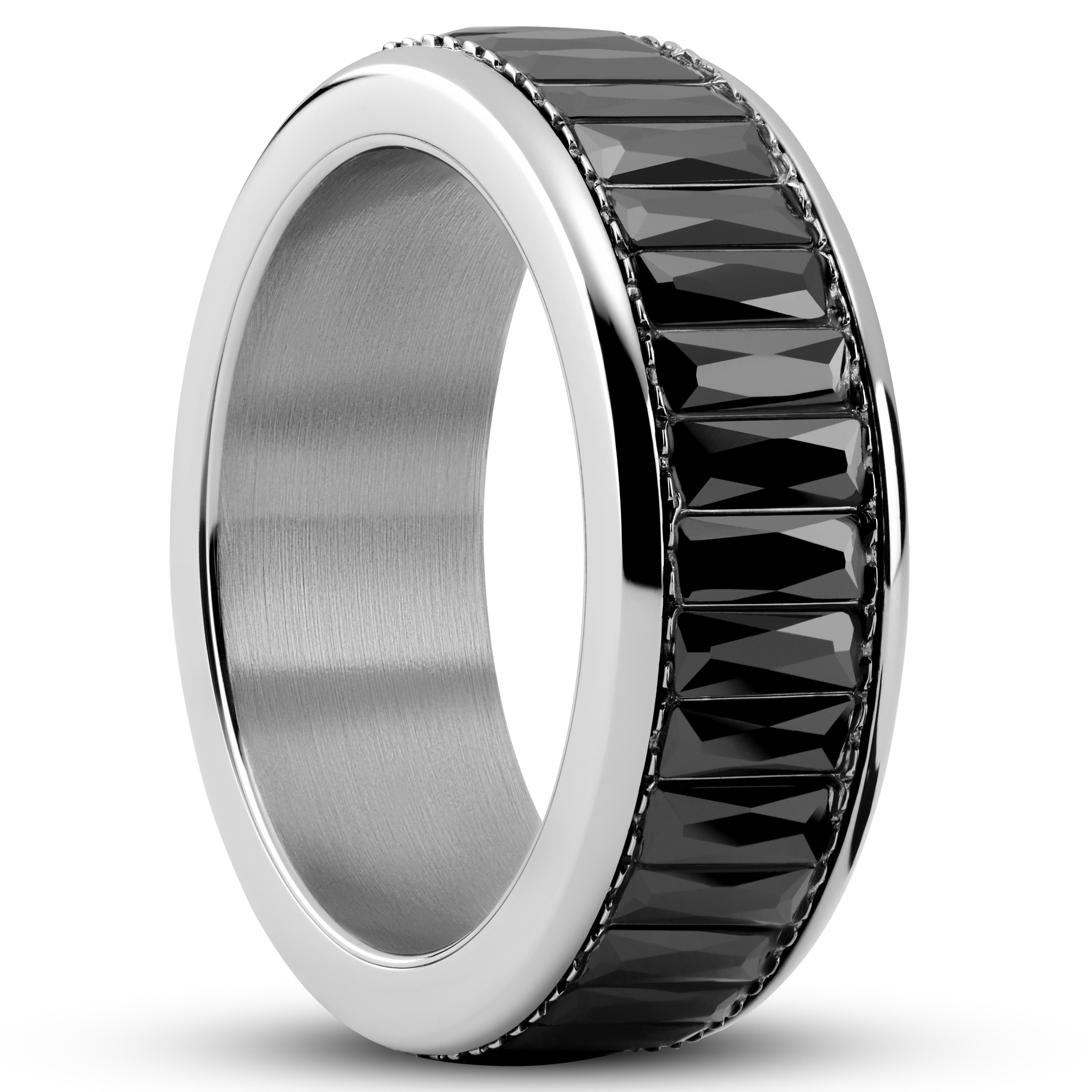 Enthumema | 1/3" (8 mm) Silver-tone Stainless Steel & Black Zirconia Fidget Ring