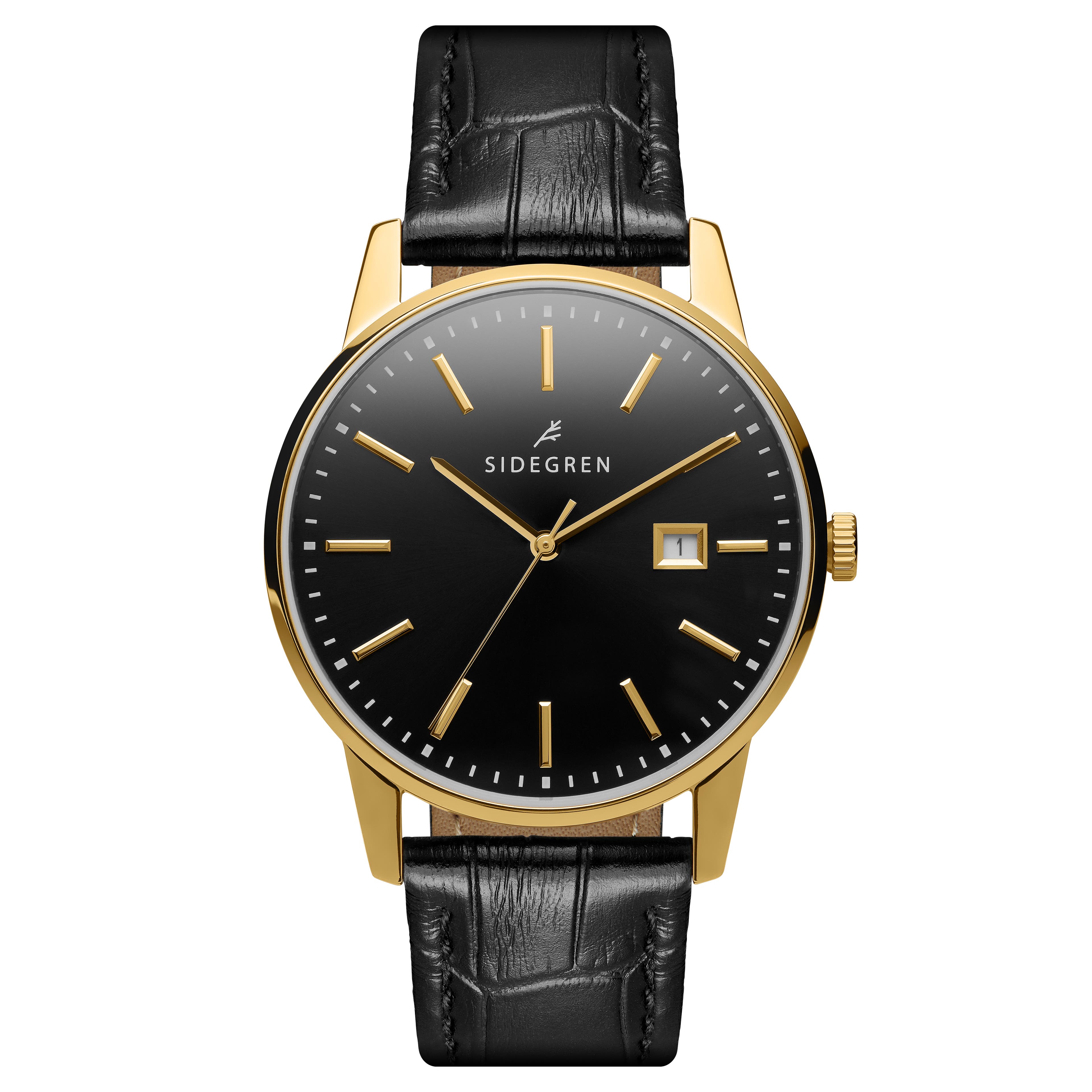 Patriarch | Gold-Tone Dress Watch With Black Dial & Black Leather Strap