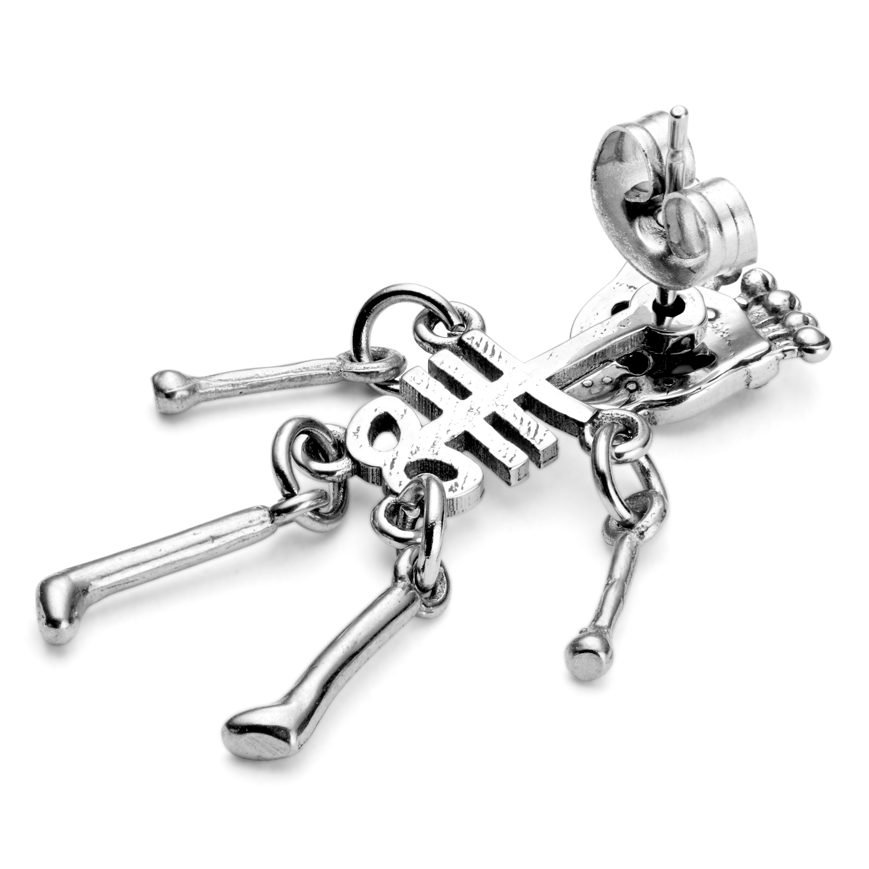 Silver-Tone Stainless Steel Hanging Skeleton Stud Earring - 3