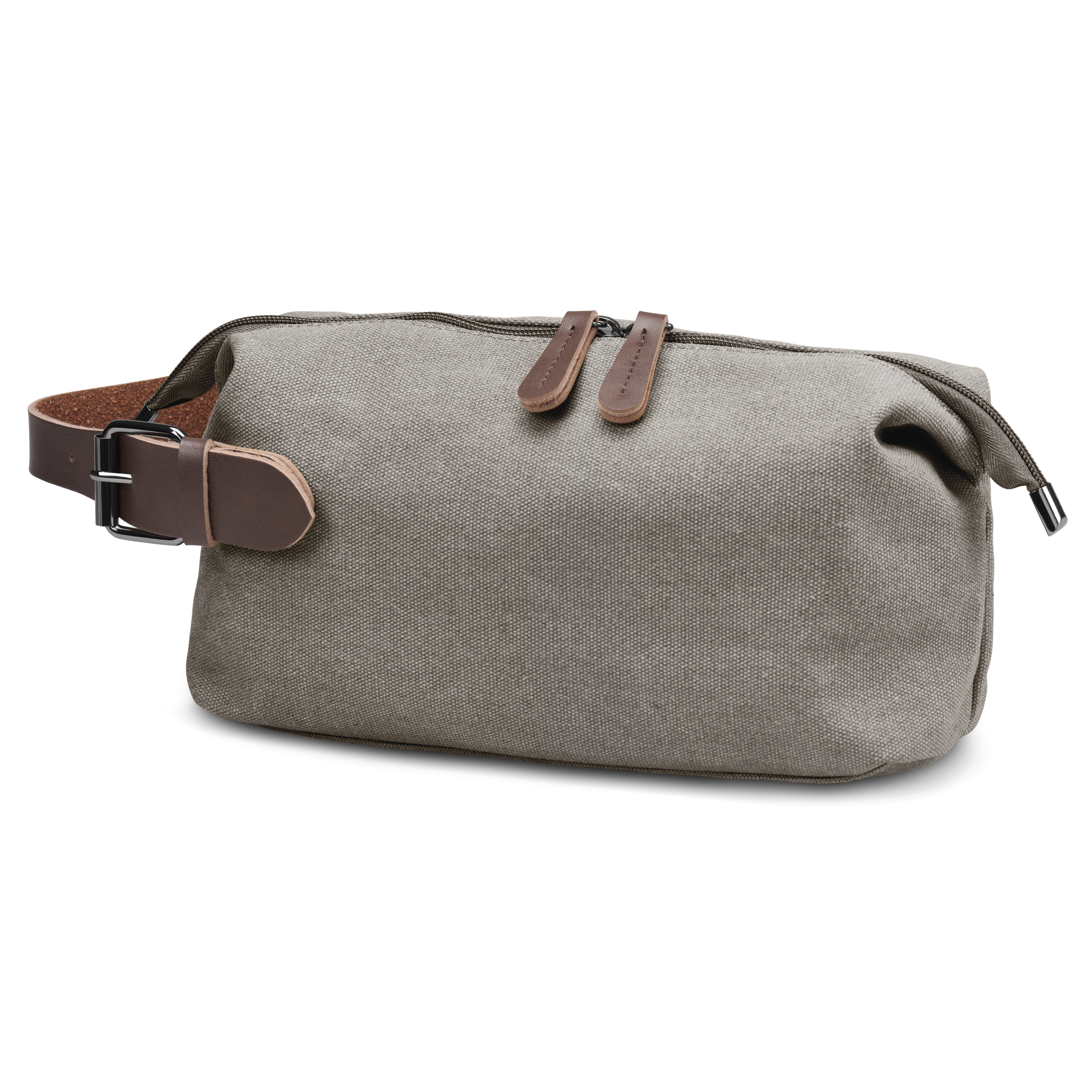 Metallgrå Toalettveske i lerret med brune skinndetaljer - 3