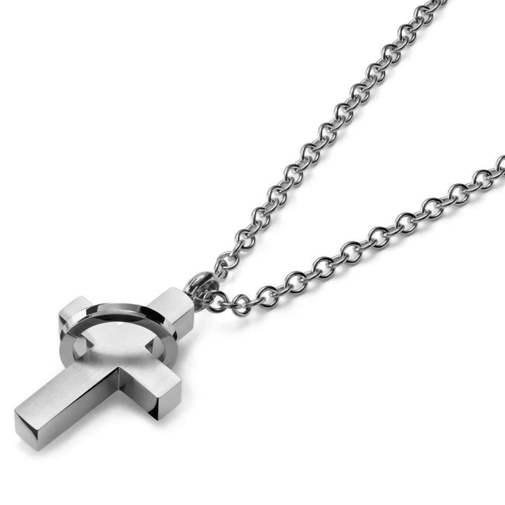 hover: Short Silver-Tone Cross Necklace with Ring hover: Short Silver-Tone Cross Necklace with Ring