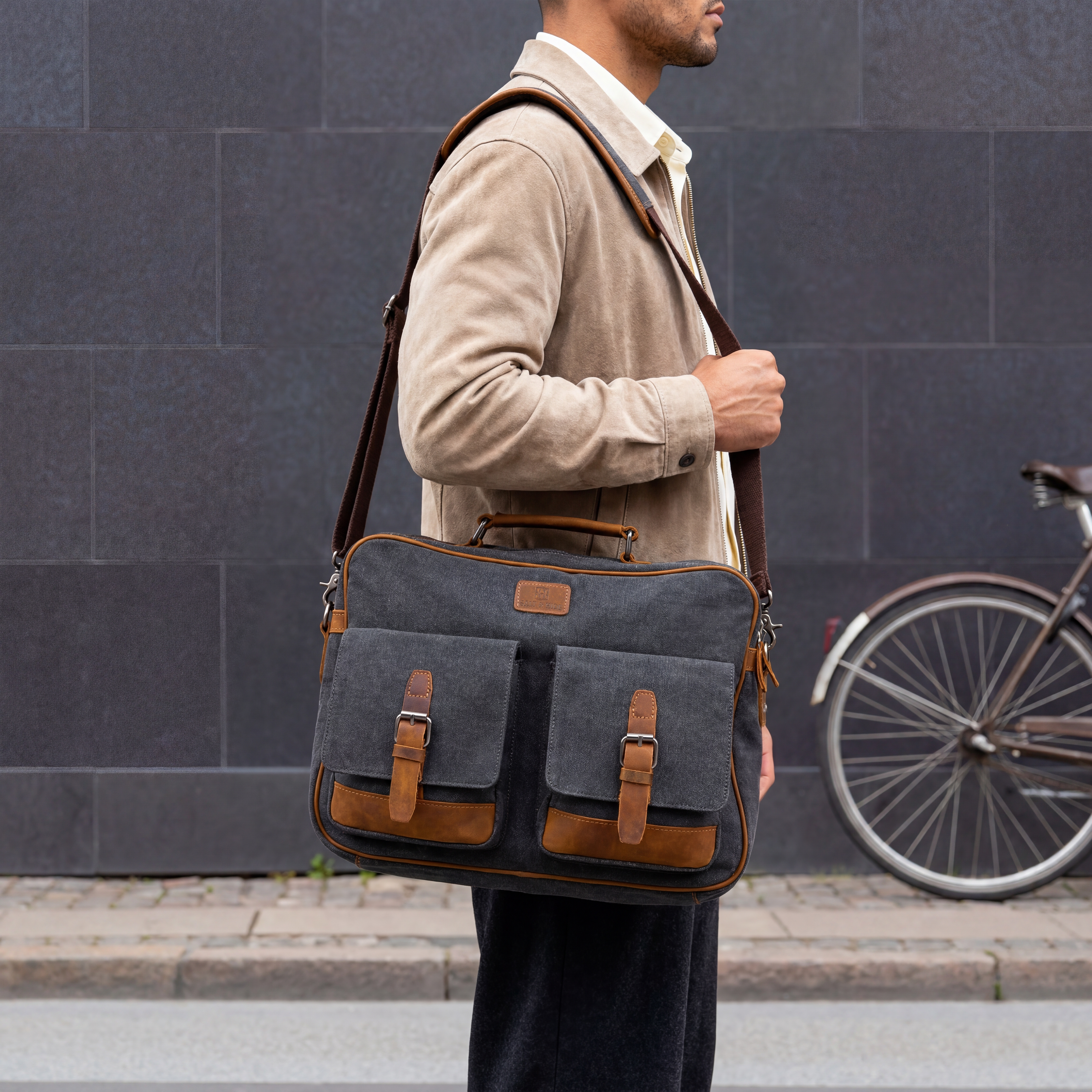  Sac Messenger Simon en toile grise et havane  - 4