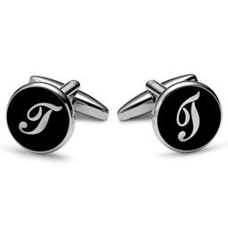 Round Silver-tone and Black Initial T Cufflinks