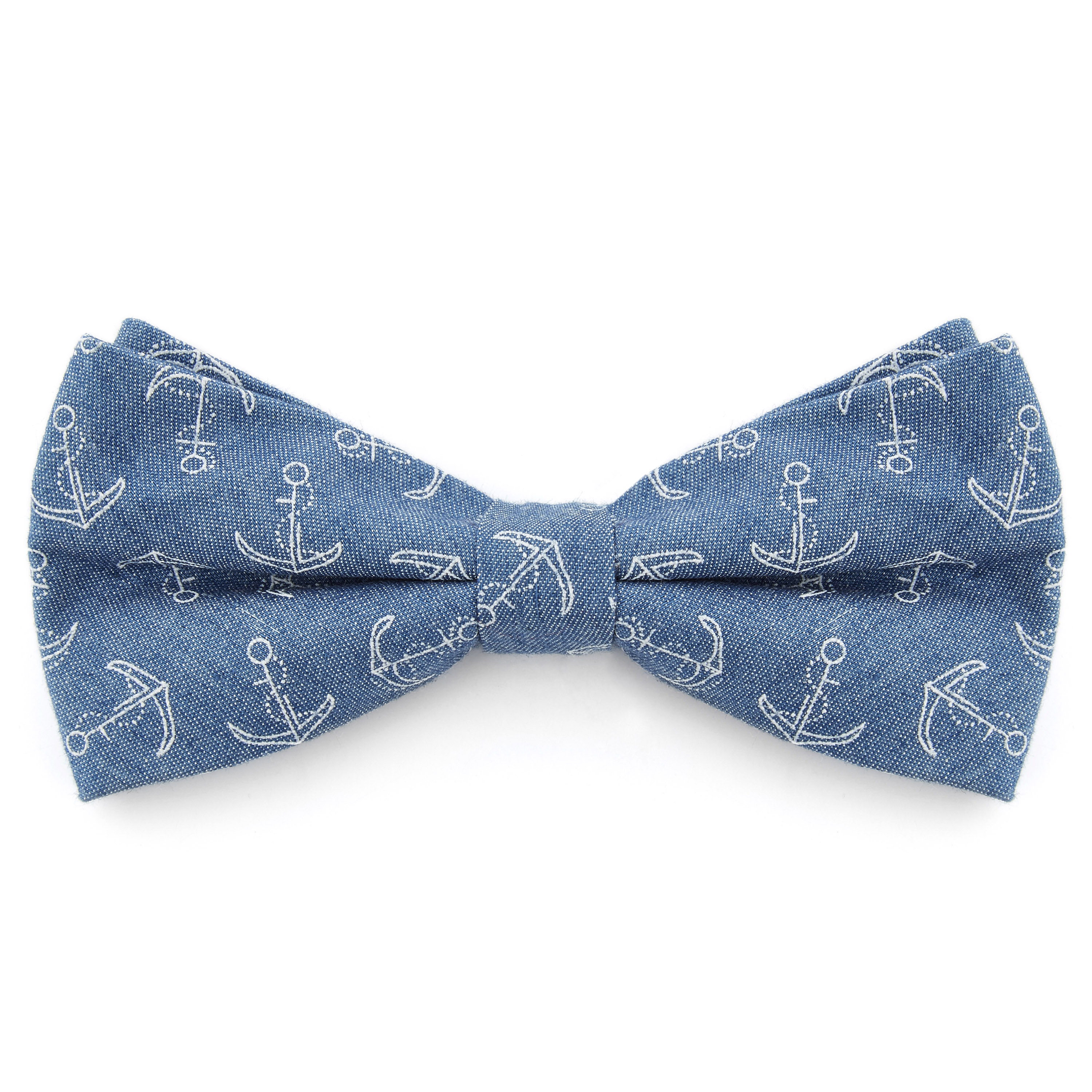 Light Blue & White Anchor Cotton Pre-Tied Bow Tie - 1