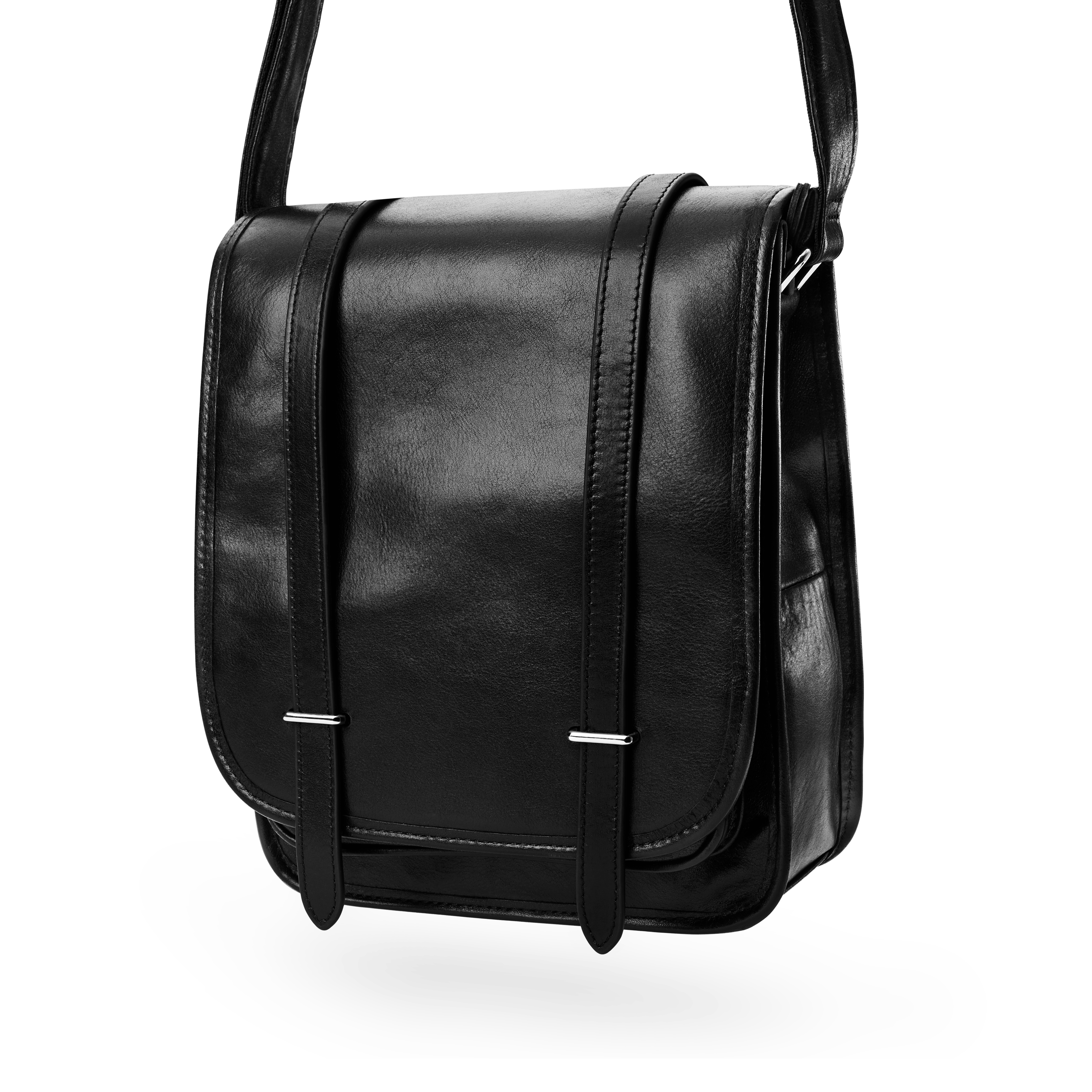 Черна кожена чанта за през рамо - 6