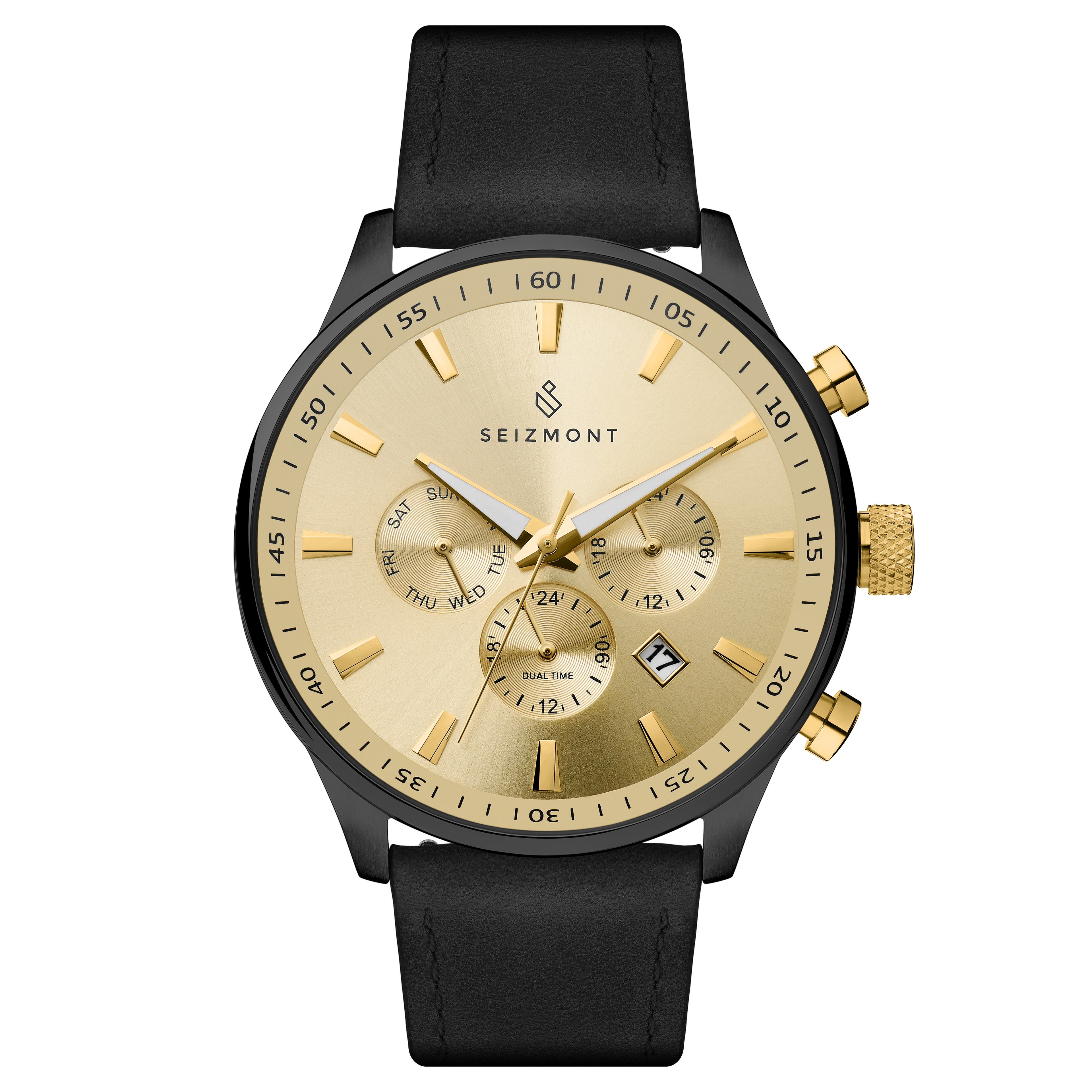 Troika II | Black Dual-Time Watch With Gold-Tone Dial & Black Leather Strap