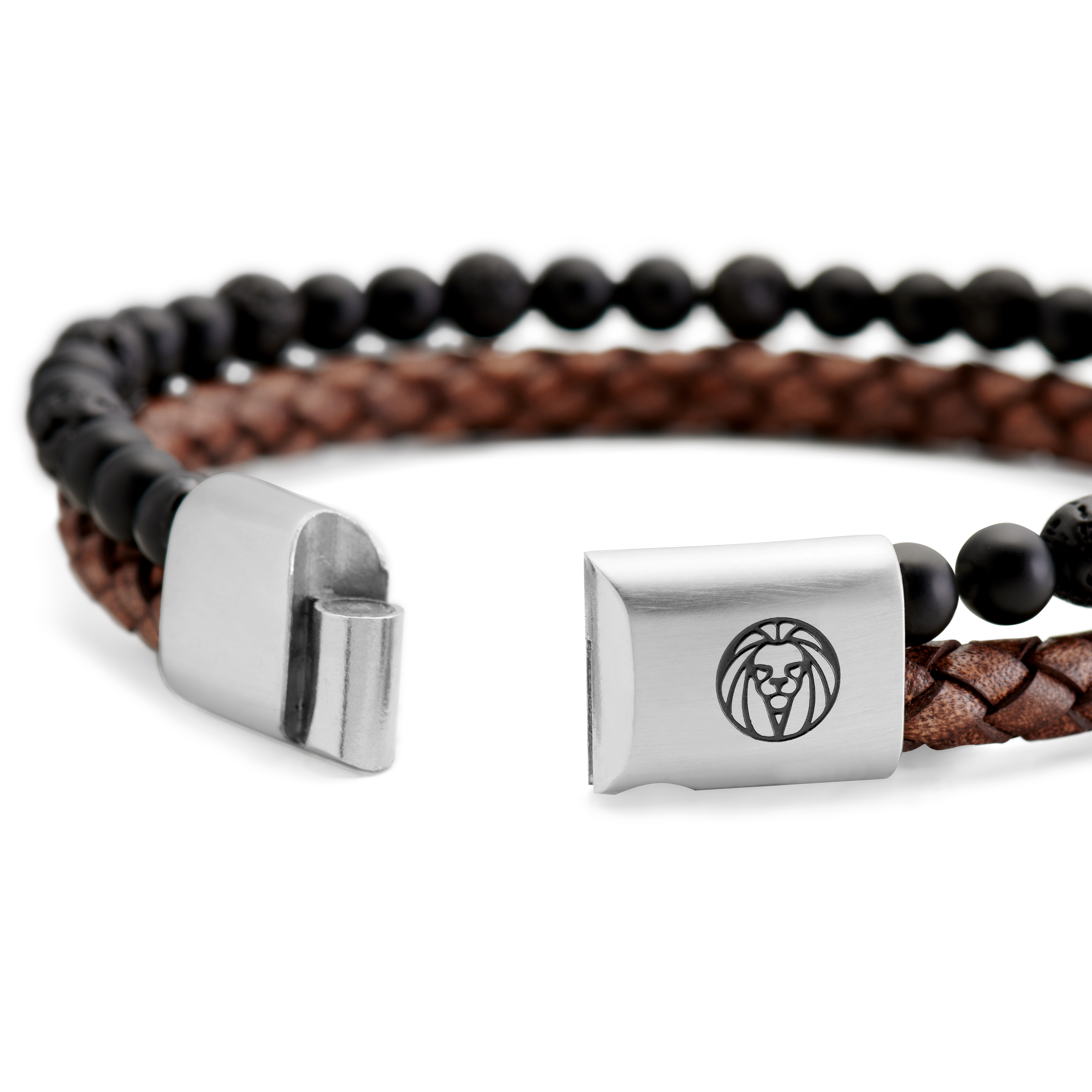 Lava Stone, Onyx, and Vintage Leather Icon Bracelet - Medium - 3