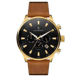 Troika II | Gold-Tone Dual-Time Watch With Black Dial & Brown Leather Strap