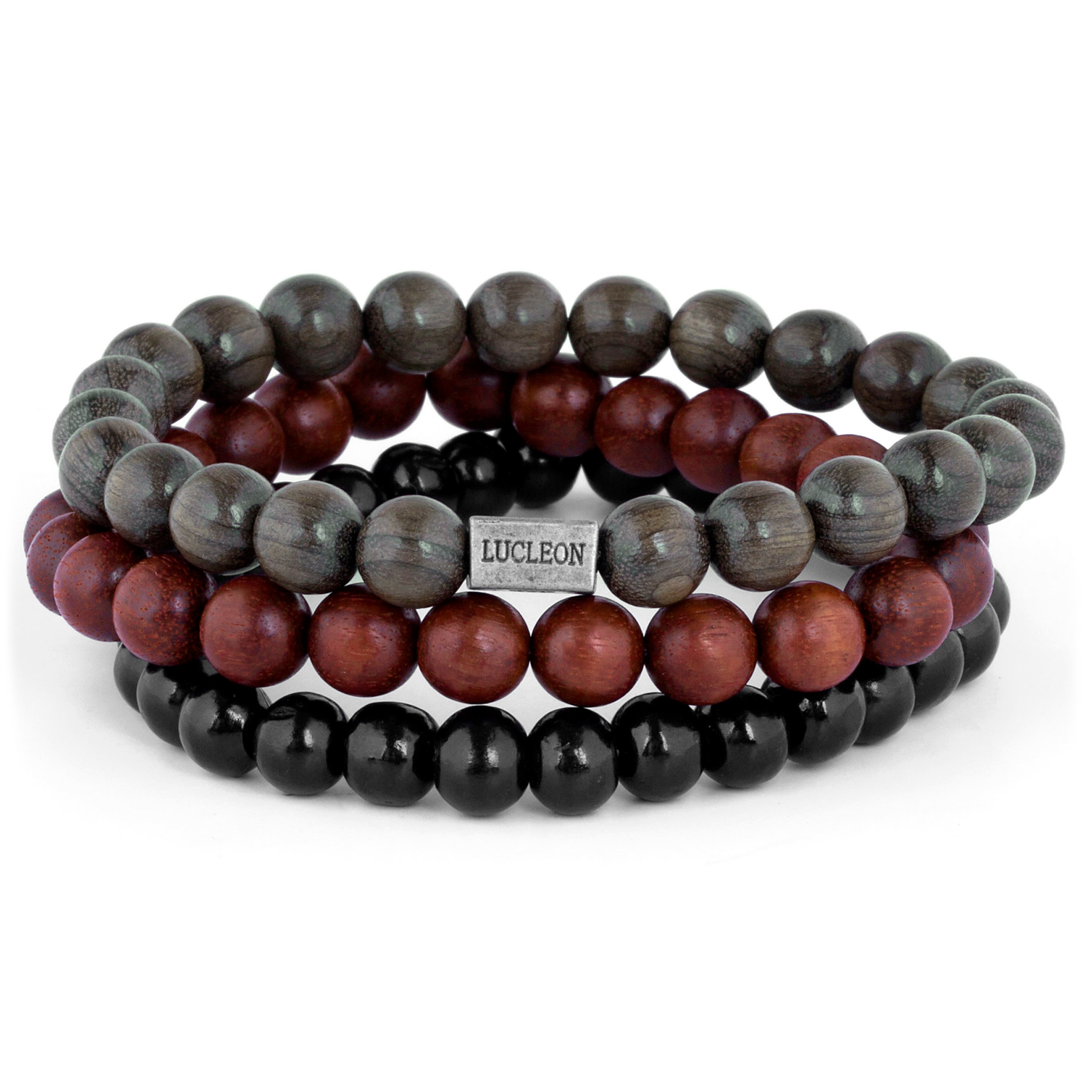 Dark Brown, Red & Black Wooden Bracelet Set
