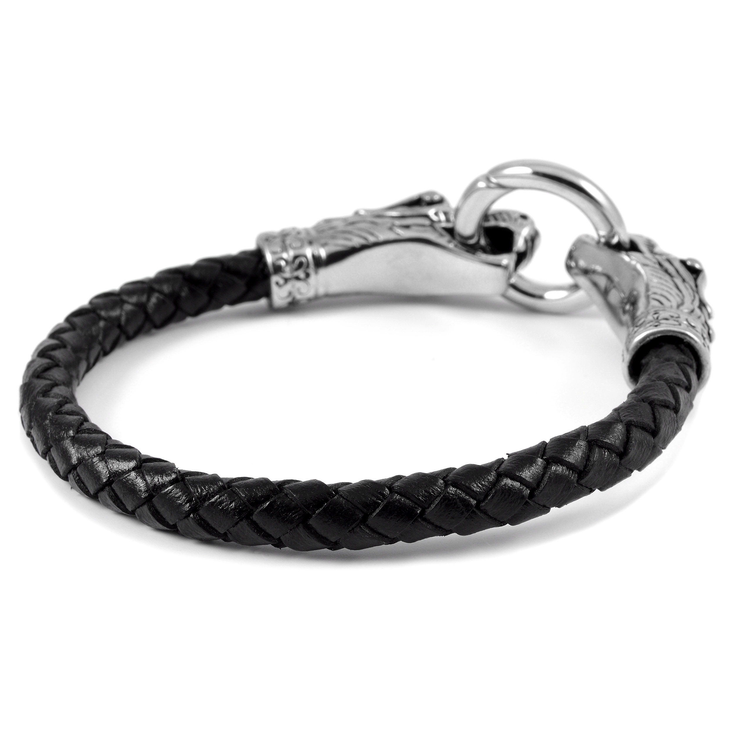 Black Braided Leather Rope & Steel Snake Head Bracelet - 3