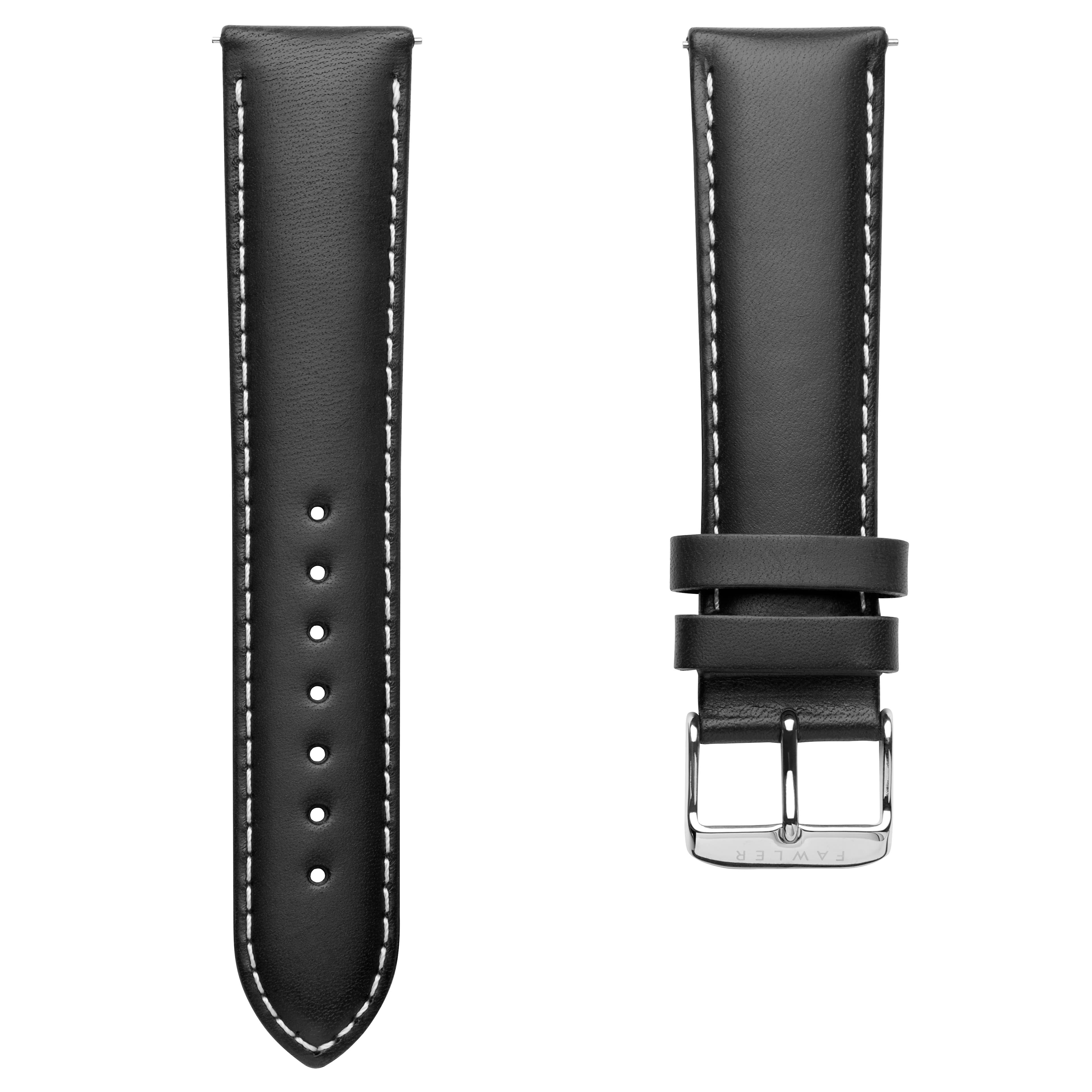  Bracelet de montre en cuir noir avec surpiqûres blanches -  22 mm