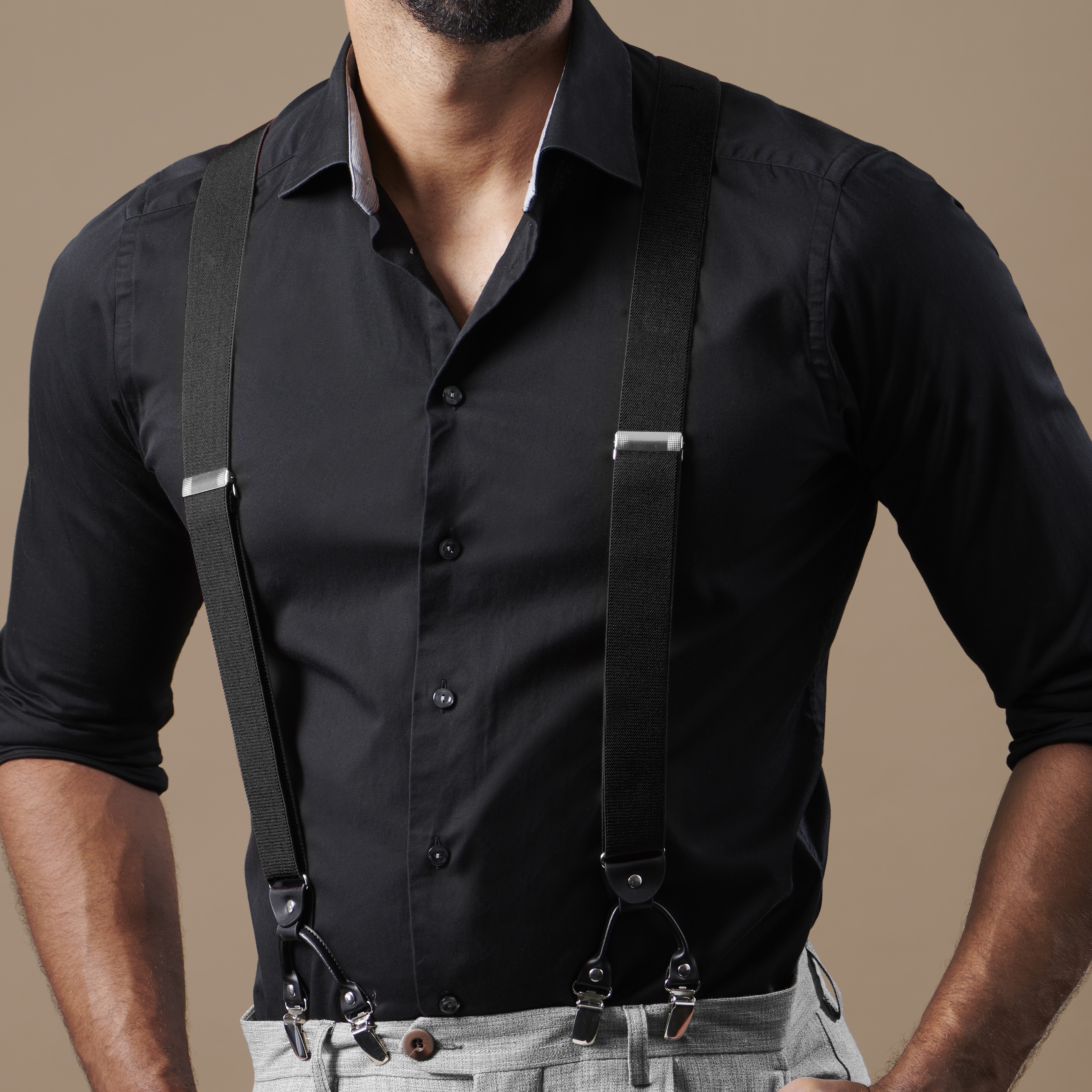 Wide Dark Grey Clip-On Suspenders, In stock!