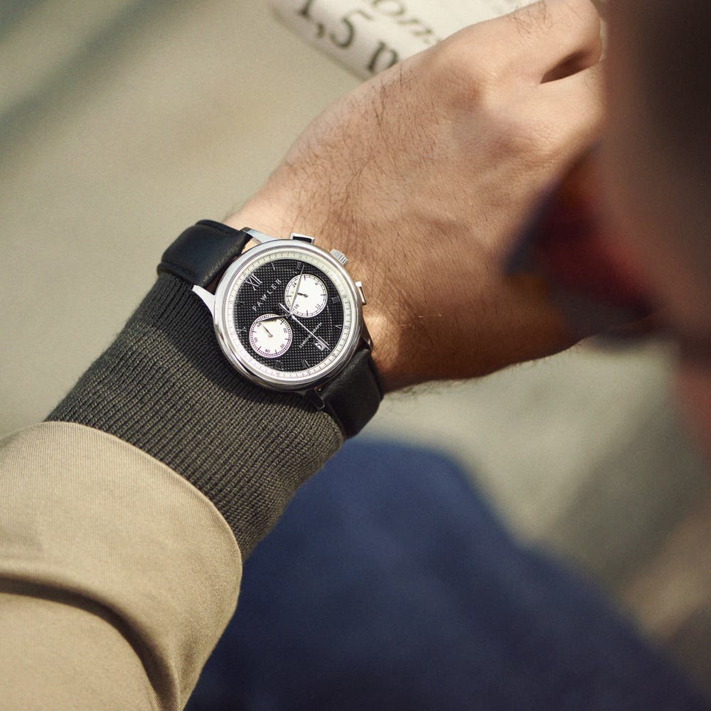hover: Cicero | Silver-Tone With Black Dial Vintage Chronograph Black Leather Watch hover: Cicero | Silver-Tone With Black Dial Vintage Chronograph Black Leather Watch
