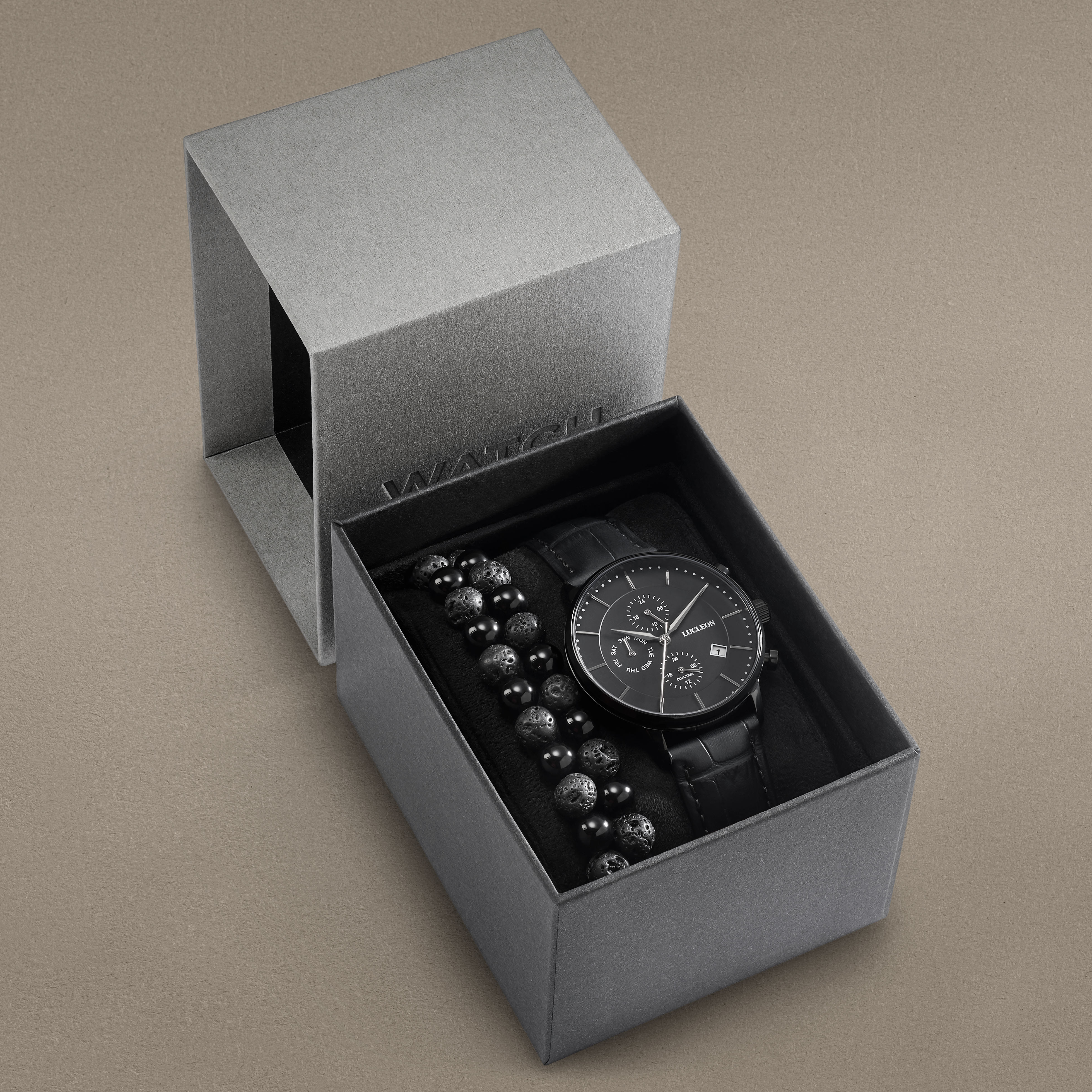 Caja de regalo con reloj multifunción negro y pulsera de piedra de lava y ágata - 3