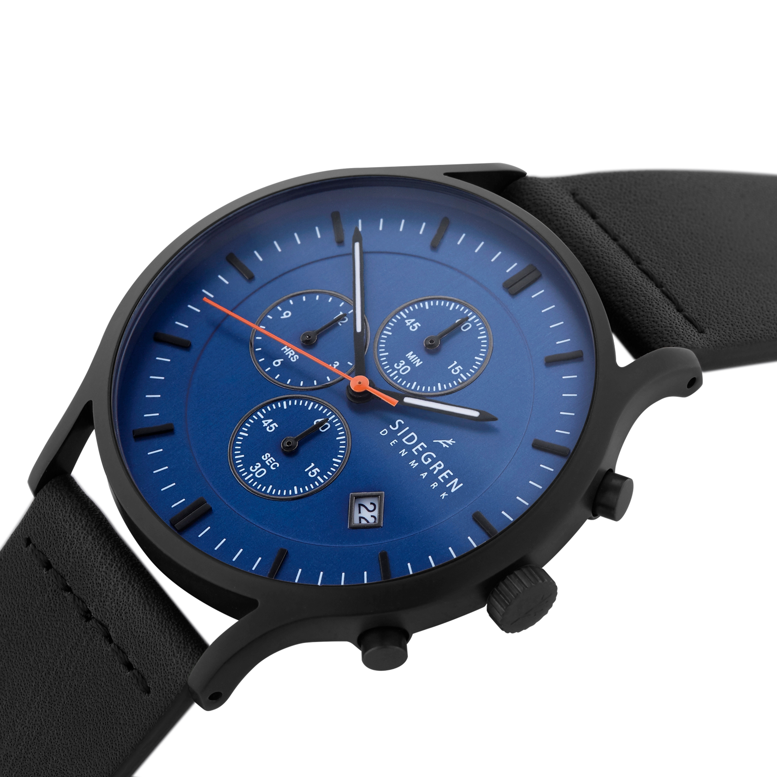 Revil | Black Chronograph Watch With Blue Dial & Black Leather Strap - 2