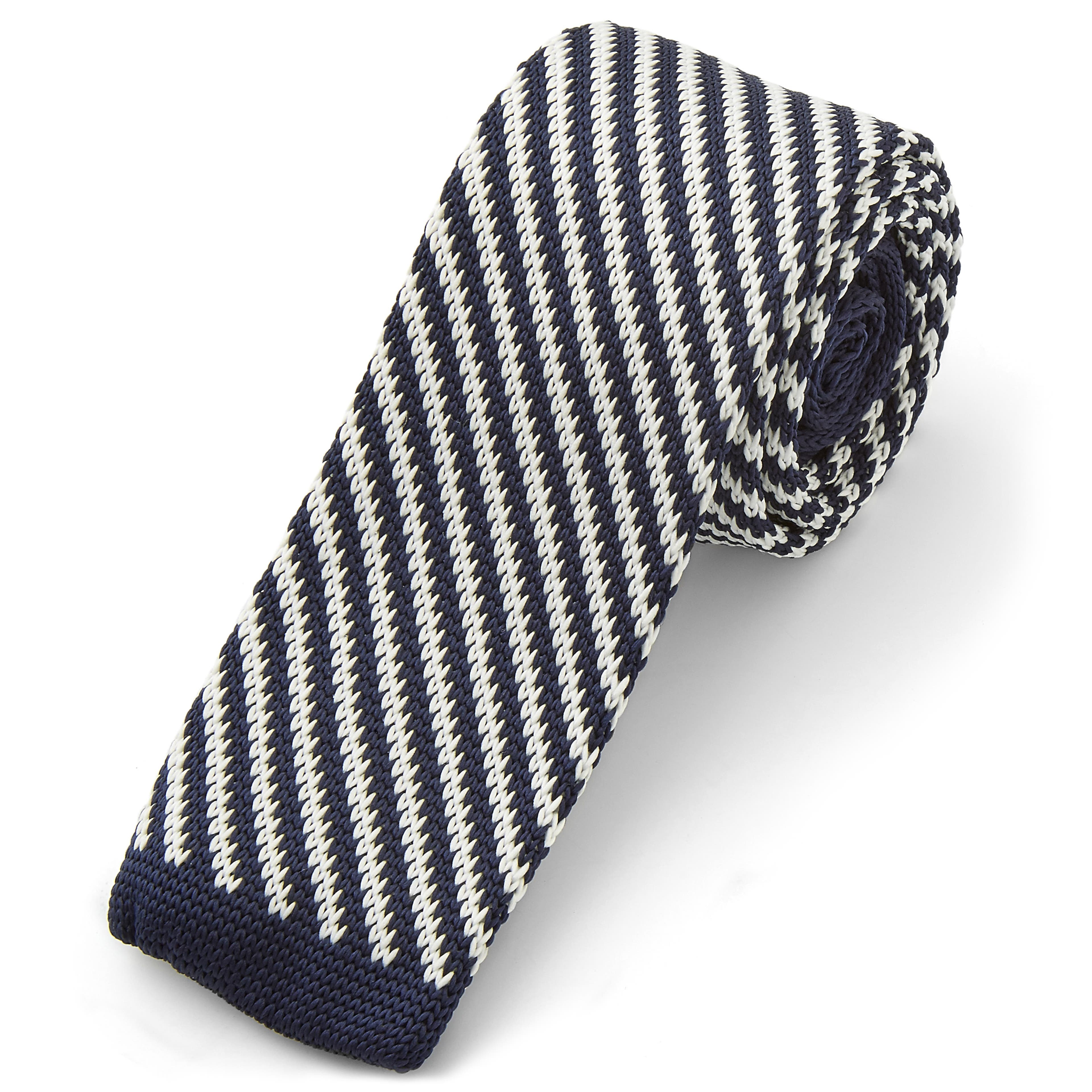 Navy Blue & White Diagonal Striped Polyester Knitted Tie